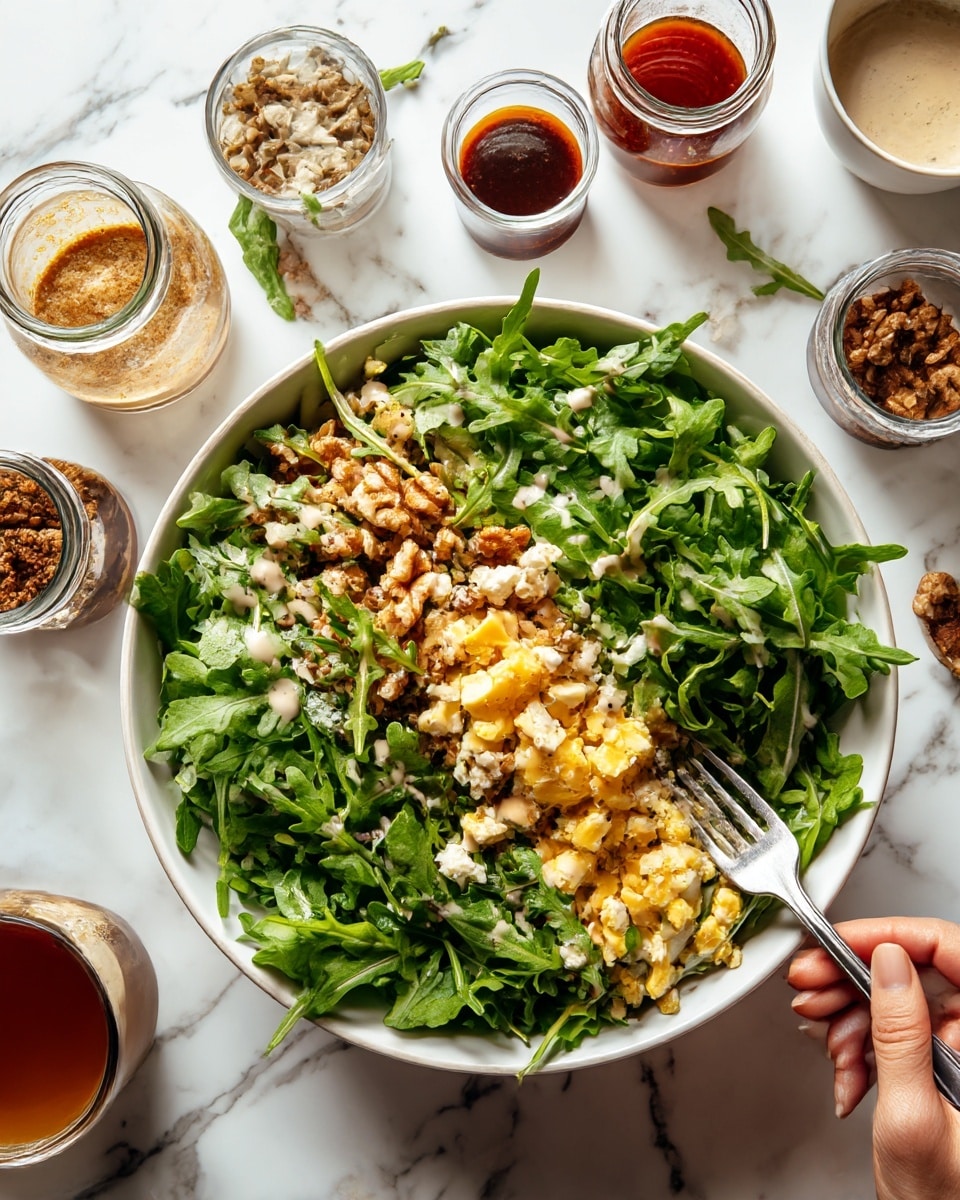 A white bowl on a white marbled surface holds a fresh salad with three layers: the bottom layer is bright green arugula leaves, the middle layer has small chunks of light yellow cheese, and the top layer features small pieces of nuts and some creamy dressing drizzled over. Around the bowl, there are small jars and bottles with different sauces and spreads. A woman's hand is holding a fork dipped into the salad. The scene is well-lit and clear, photo taken with an iphone --ar 4:5 --v 7