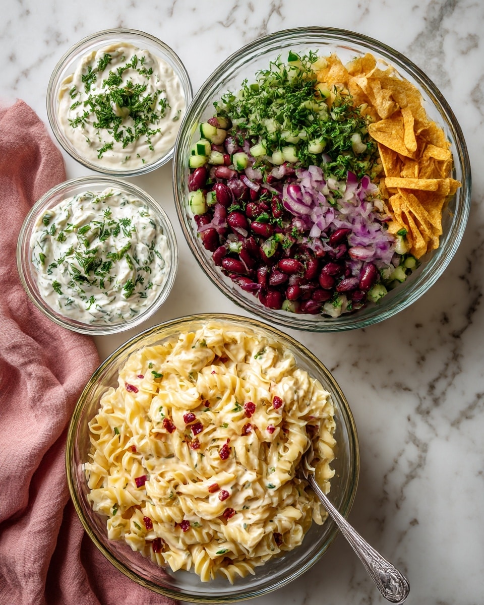 The image shows three clear glass bowls on a white marbled surface, with a soft pink cloth on the left side. The largest bowl at the bottom is full of creamy pasta with a light yellow color and small red bits scattered throughout. The bowl on the right is packed with finely chopped green cucumber, purple onion, dark red kidney beans, and pale yellow tortilla chips layered side by side. The small bowl at the top left has a creamy white sauce topped with green herbs, and next to it is a small clear bowl of white sauce with green herb pieces mixed inside. A silver spoon is inside the kidney bean and vegetable bowl. Photo taken with an iphone --ar 4:5 --v 7