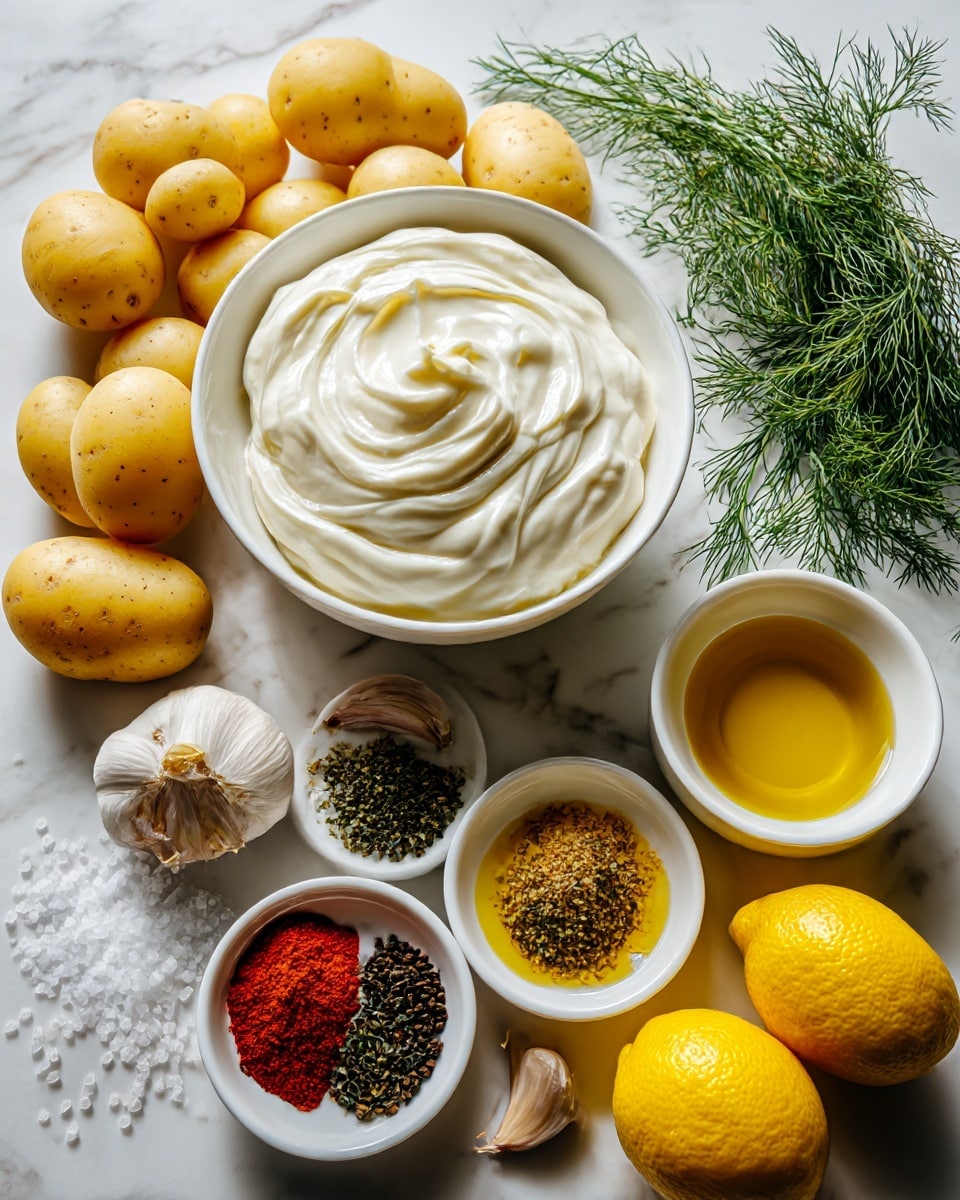 The image shows a white bowl filled with thick, creamy white yogurt in the center on a white marbled surface. Around the bowl, there are many small yellow potatoes scattered in a cluster, giving a smooth texture. To the top right, there is a small bunch of green dill with fine, feathery leaves. On the right side, there is a small white bowl with golden-yellow oil. Below that, there is a white bowl with colorful spices arranged in sections: a bright red powder, black pepper, and a green herb. Near the bottom right corner, there are two yellow lemons with bright skin. At the bottom left, scattered grains of white salt and black pepper are visible with a clove of garlic nearby. Photo taken with an iphone --ar 4:5 --v 7