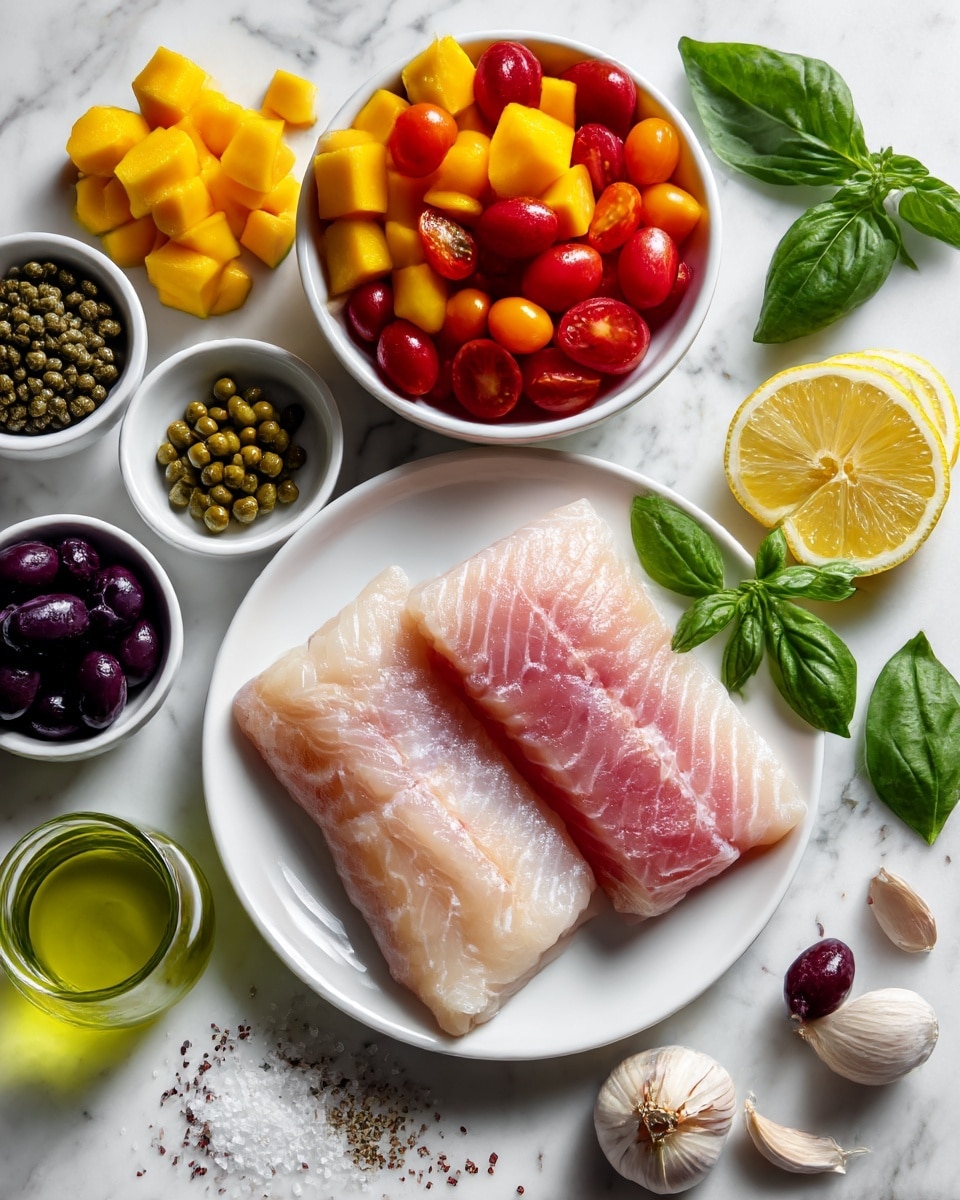 A white plate in the center holds two pieces of raw, pale pink fish fillets with a smooth texture. Surrounding the plate on a white marbled surface are small white bowls containing light green capers, dark purple sliced olives, and a mix of yellow and orange cubed mango. Near the center top, a white bowl is filled with sliced red and orange cherry tomatoes with a glossy finish. Scattered on the surface are whole garlic cloves and fresh green basil leaves, alongside a few lemon slices arranged in a small pile. A small glass container with bright green olive oil, and a small white bowl with coarse salt and pepper sit near the bottom left corner. The overall image has a fresh and clean appearance. photo taken with an iphone --ar 4:5 --v 7