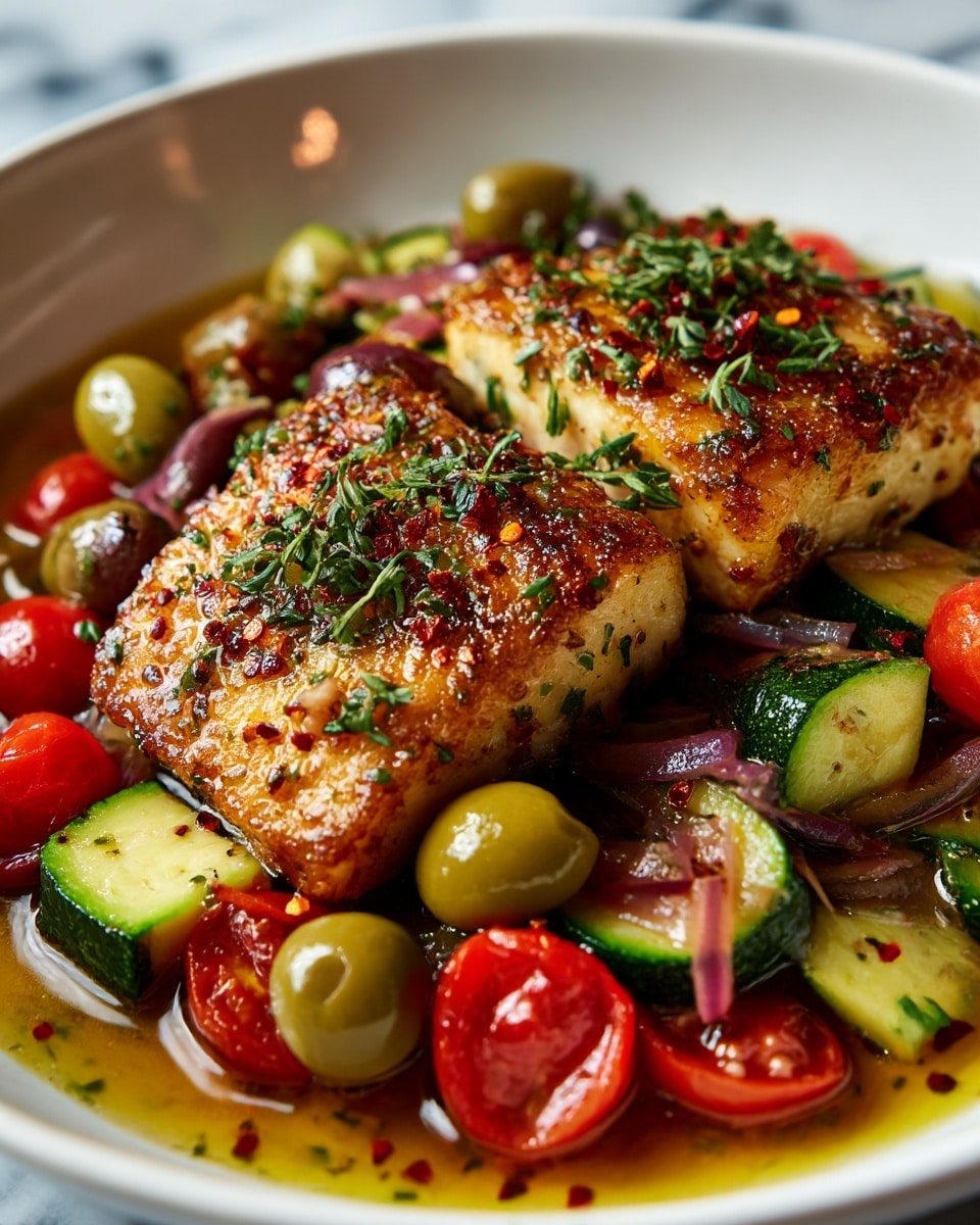 The dish shows two cooked golden brown fillets placed side by side in the middle of a white bowl. Around the fillets, there are layers of small green olives, bright red cherry tomatoes, and light green pieces of zucchini mixed with bits of red onion, all sitting in a shiny herb oil sauce that spreads evenly across the bowl. The fillets are sprinkled with small green herbs and crushed red pepper flakes that add texture and color to the surface. The white marbled texture of the background contrasts softly with the vibrant colors of the food. Photo taken with an iphone --ar 4:5 --v 7