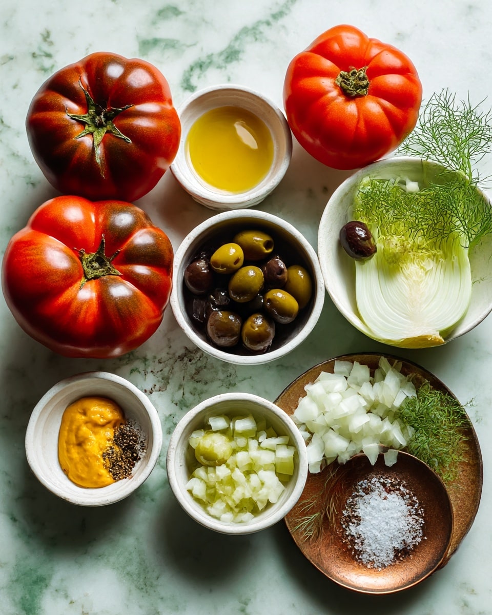 The image shows an arrangement of fresh ingredients on a white marbled surface with a green tone. Three large, ripe tomatoes in red and dark brown colors are placed on the left side. Nearby are several small white bowls containing yellow mustard, minced garlic, green olives cut in halves, olive oil, salt, and pepper. A white bowl holds chopped fennel pieces, and a bunch of fresh dill is placed next to it on the right. All the bowls are white, except one small bronze plate with salt. The items are neatly spread out in two rows, showcasing bright, fresh colors and textures. Photo taken with an iphone --ar 4:5 --v 7