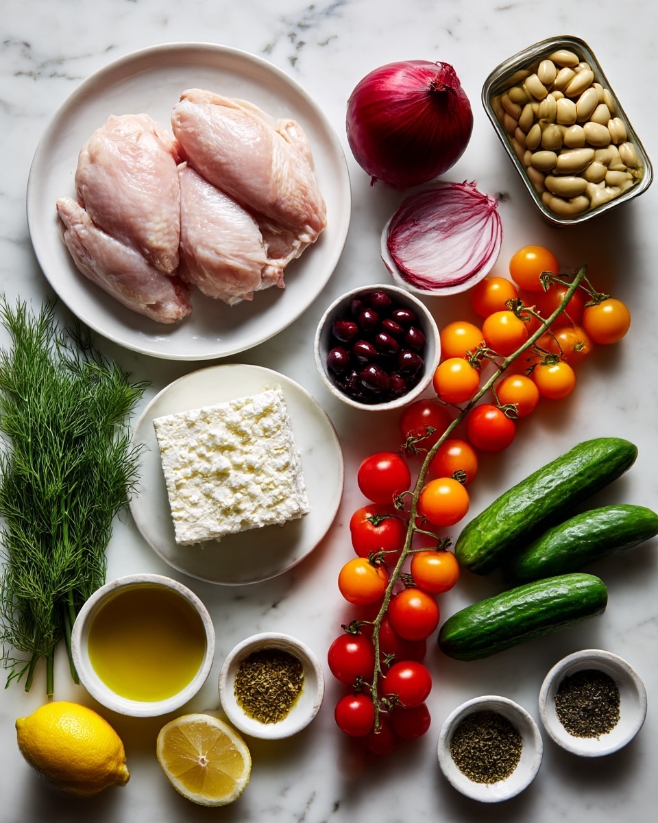 Two raw chicken pieces lie side by side on a white plate near the top left. Below the chicken, a block of white feta cheese rests on a small white plate. To the right of the cheese, a whole red onion is placed above a small bowl of dark olives. Moving further right, two vine clusters of cherry tomatoes, one with bright orange and the other with red tomatoes, stretch vertically. On the right edge, three green cucumbers are aligned close together. A tilted can of butter beans with yellow beans inside is near the top right. Fresh green herbs, including dill and parsley, lay at the bottom left with a whole yellow lemon nearby. Small white bowls contain dried oregano, olive oil, and a salt and pepper mix are arranged at the bottom right. The scene is set on a white marbled surface. Photo taken with an iphone --ar 4:5 --v 7