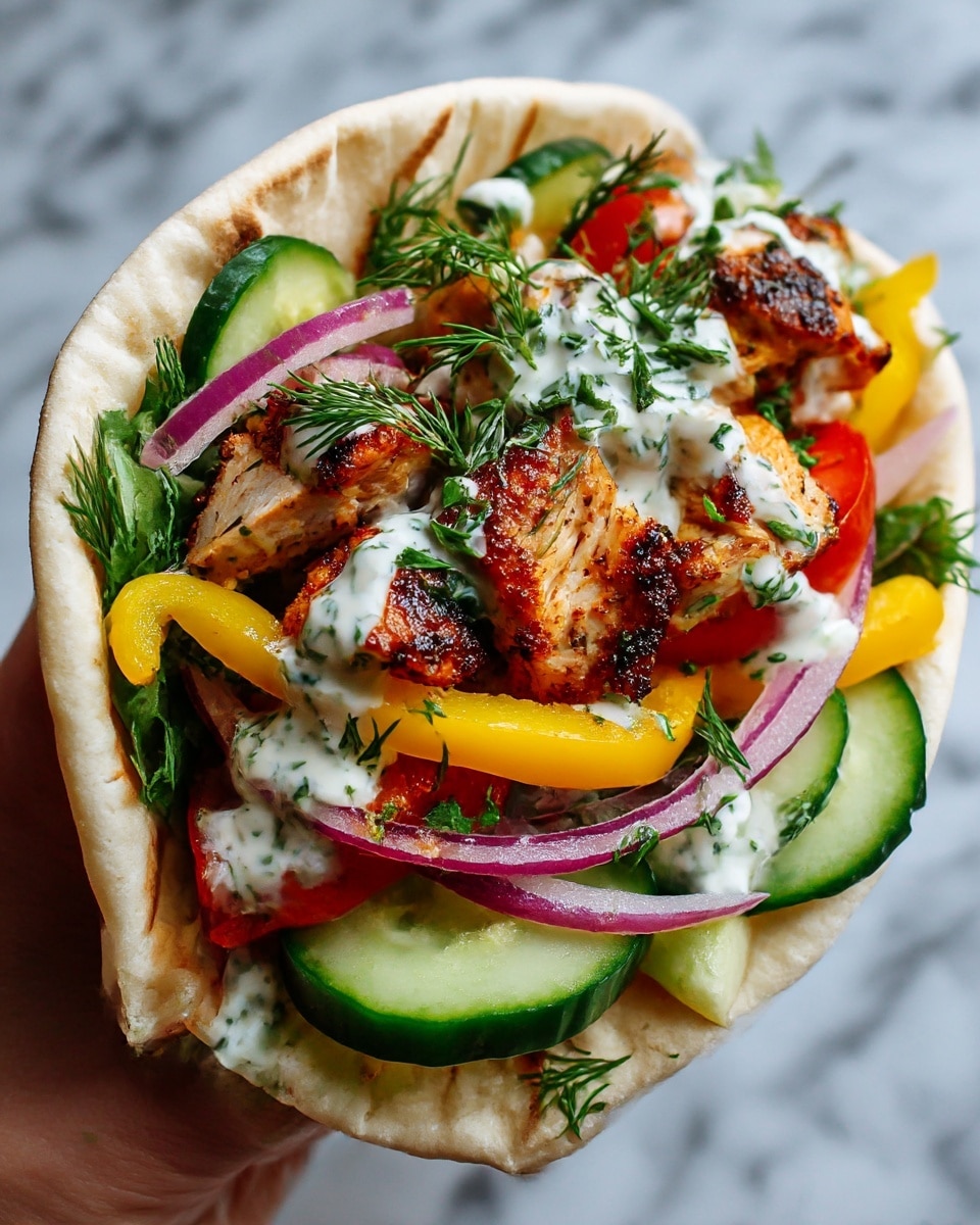 The image shows a close-up of a pita wrap held by a woman's hand. The pita is white and soft, shaped like a small boat, filled with several layers. The bottom layer has green cucumber slices and yellow bell pepper strips for color, followed by slices of red onion. On top of the vegetables, there are pieces of well-grilled chicken with a dark, crispy texture. The wrap is finished with a thick drizzle of white sauce with green herbs on top. The background is a white marbled surface. Photo taken with an iphone --ar 4:5 --v 7