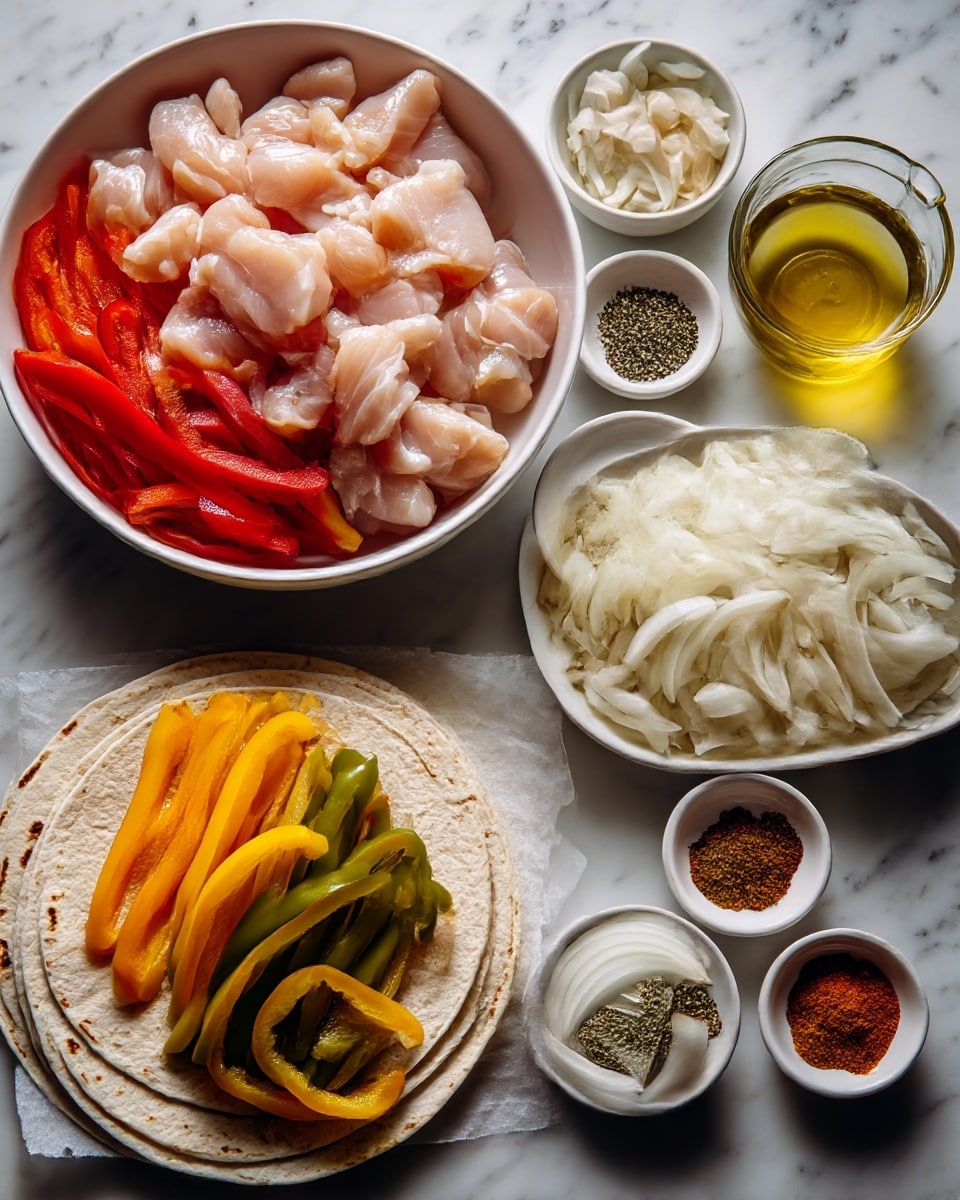 A white bowl of raw chicken pieces sits near the center, to the left a white bowl filled with thinly sliced red, yellow, and green bell peppers arranged side by side. Below to the left, a stack of white flour tortillas rests on parchment paper. On the right, a white dish holds thinly sliced white onions with light brown edges. Small white bowls of various spices and ingredients surround the main items: minced garlic, chili powder, salt, pepper, cumin, oregano, garlic powder, onion powder, paprika, olive oil in a small glass container, and a small white bowl of lime juice. All items are placed on a white marbled surface. photo taken with an iphone --ar 4:5 --v 7