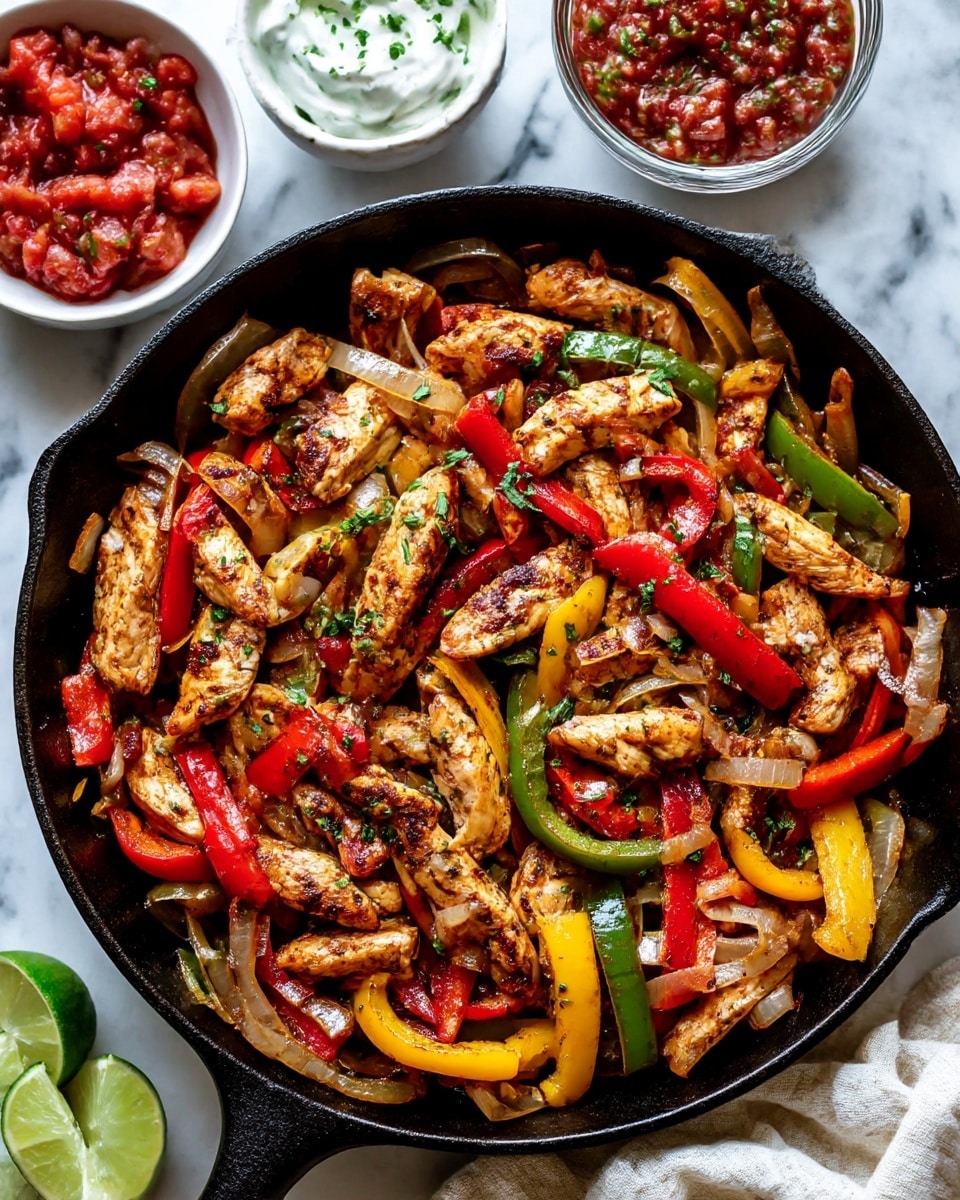 A black cast iron skillet filled with cooked sliced chicken pieces mixed with cooked onion strips and colorful bell pepper strips in red, yellow, and green. The chicken and vegetables have a light brown sear and seasoning that gives them a warm, golden look with some darker caramelized edges. Around the skillet, there are small white bowls with lime wedges, a creamy white sauce, and a bright red tomato salsa. The whole setting is on a white marbled surface with a light-colored cloth partially visible at the bottom right corner. photo taken with an iphone --ar 4:5 --v 7