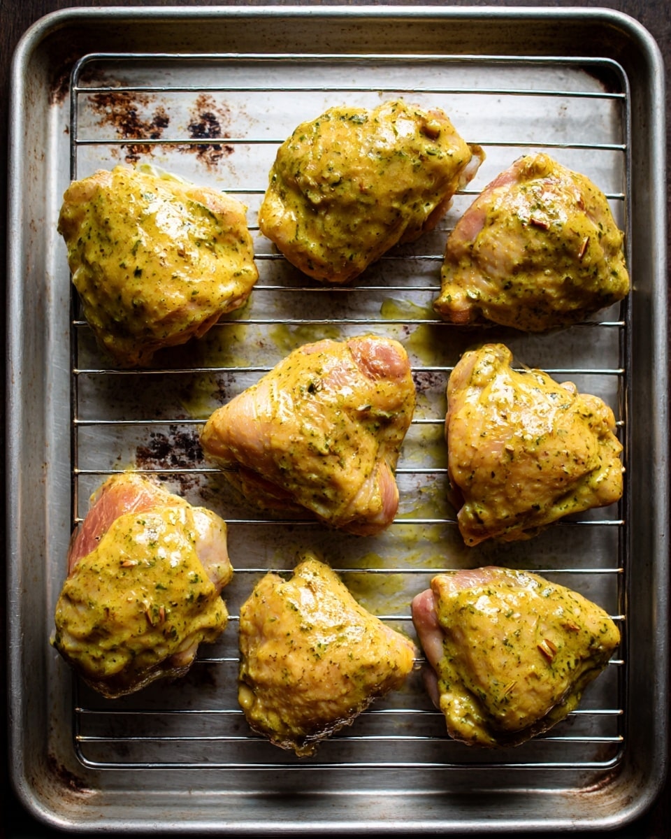 The image shows eight raw pieces of chicken thighs spread out on a metal wire rack placed on a baking tray. Each piece is coated with a thick, greenish-yellow marinade that has a smooth and creamy texture. The chicken pieces vary slightly in size and shape, arranged in two rows of four. The baking tray is silver with some dark marks from use, and the wire rack lifts the chicken above the tray. The photo is taken from above, giving a clear view of the marinated chicken and the metal rack's grid pattern. photo taken with an iphone --ar 4:5 --v 7