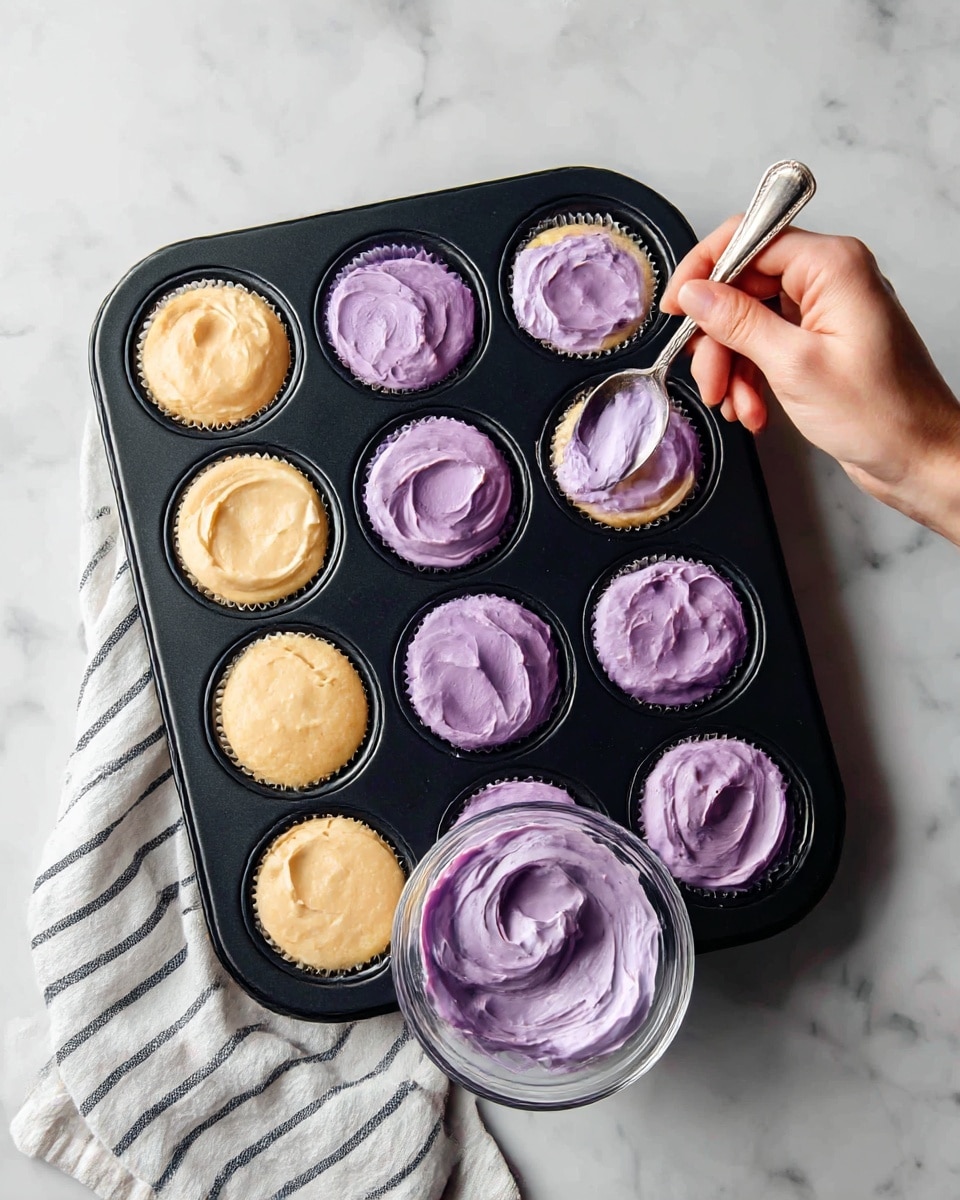 A black muffin tray holds 12 round cavities, half filled with a smooth, light beige batter at the bottom, and the other half being topped with a thick layer of soft lilac batter. A woman's hand is holding a silver spoon, spreading the lilac batter evenly over one of the beige batter sections, creating a neat layered effect in each cavity. Below the tray is a clear glass bowl filled with more lilac batter, which has a creamy, smooth texture. The tray sits on a white marbled surface, and a white cloth with thin black stripes is placed casually nearby. photo taken with an iphone --ar 4:5 --v 7