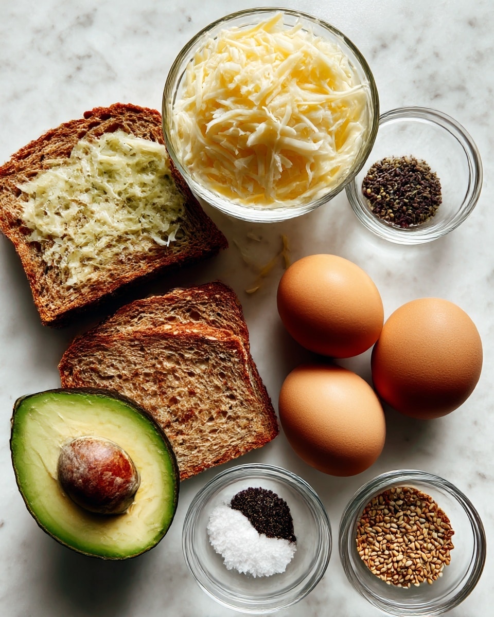 The image shows ingredients for a simple meal spread on a white marbled surface. Two slices of whole grain bread are placed near the center, slightly overlapping with their brown, textured crusts visible. Above the bread is a small clear bowl filled with shredded white cheddar cheese, its soft, pale strands neatly piled. To the right of the cheese are two smooth, brown eggs sitting side by side. To the left of the bread, a green avocado is halved, showing its smooth dark green skin and the bright green flesh with a dark brown pit in one half. There are three small clear bowls containing sea salt, black pepper, and sesame seeds arranged around the bread and other ingredients. Each ingredient is spaced so they all are visible clearly, with a clean, bright look. photo taken with an iphone --ar 4:5 --v 7