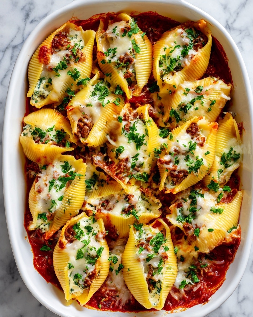 The dish shows a white rectangular baking dish filled with stuffed pasta shells on a white marbled surface. The shells are large and golden-yellow, arranged in rows with a thick layer of brown meat sauce spread over and between the shells. A melted layer of white and lightly browned cheese covers the meat and pasta, creating a creamy texture. Bright green chopped herbs are sprinkled on top, adding a fresh contrast to the warm colors of the dish. Photo taken with an iphone --ar 4:5 --v 7