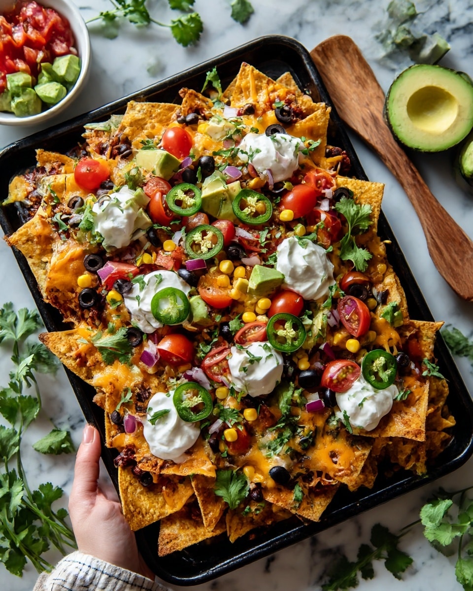 A black tray filled with one layer of golden crispy tortilla chips topped with melted bright orange cheese, black beans, yellow corn, chopped red tomatoes, sliced green jalapeños, black olive rings, diced green avocado, and pieces of red onion. Dollops of white sour cream are spread evenly on top, with fresh green cilantro leaves scattered around. On the side, a white bowl contains diced avocado, tomato, and onion, with a halved avocado nearby. A wooden spatula rests on the tray, and everything is set on a white marbled surface with sprigs of cilantro nearby. A woman's hand lightly holds the edge of the tray. Photo taken with an iphone --ar 4:5 --v 7
