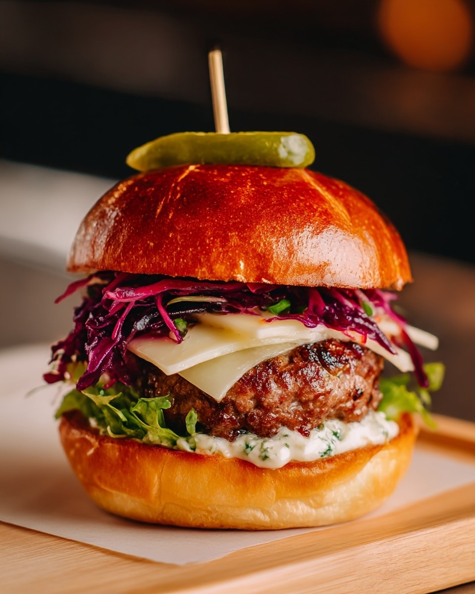 A sesame seed bun with a shiny brown top layer holds a large juicy beef patty with melted cheese just below it. On top of the cheese are two thin slices of red tomato and two curled slices of purple onion. Under the patty is a layer of fresh green leafy lettuce with some red sauce peeking through, all resting on the bottom half of the sesame bun. The burger is placed on a rustic wooden surface with some scattered leafy greens and red peppercorns around it. photo taken with an iphone --ar 4:5 --v 7