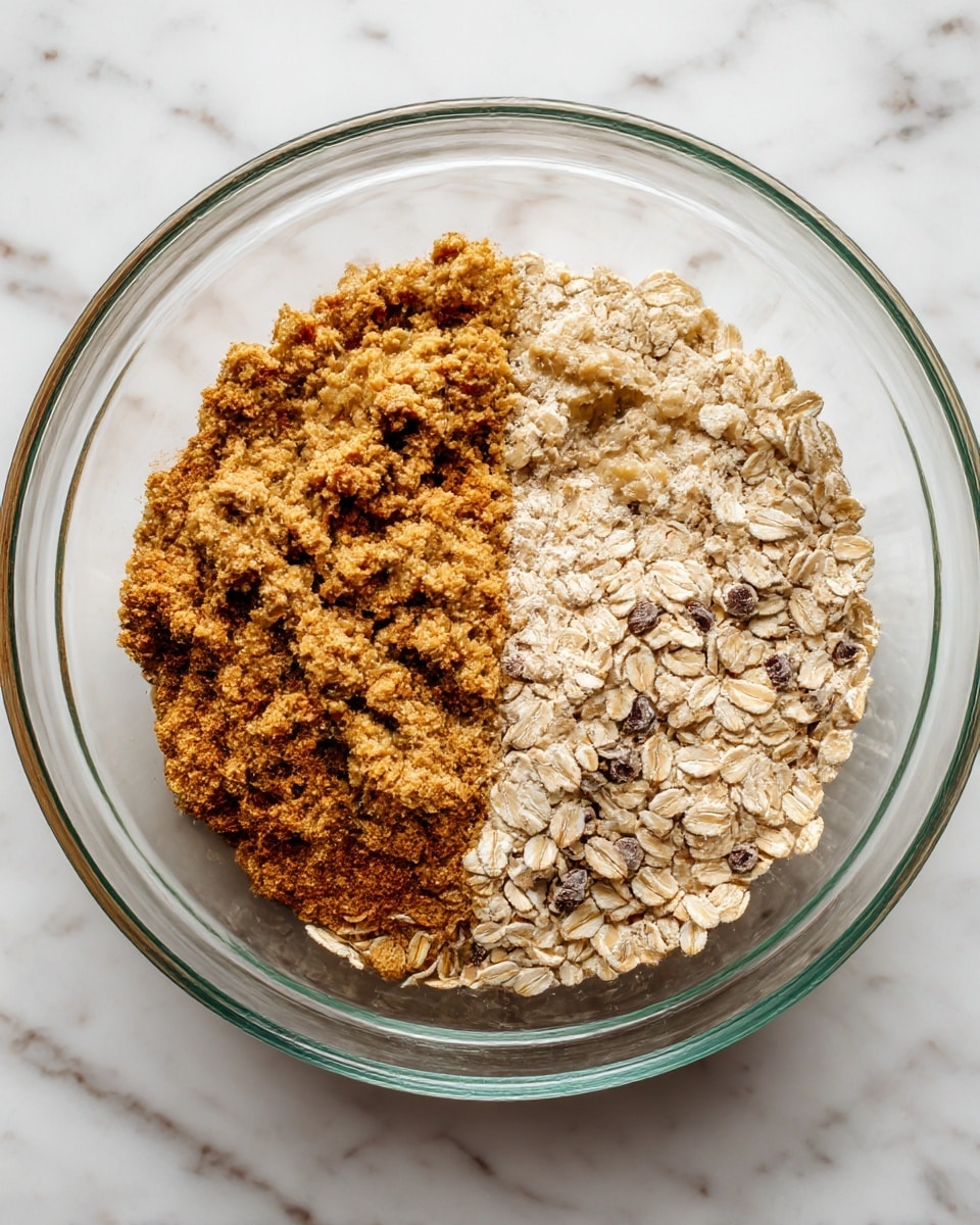 A clear glass bowl sits on a white marbled surface with two main layers inside; the bottom right half holds dry oats with visible small chocolate chips mixed in, showing a light beige color with dark specks, while the top left half is covered with a thick, chunky, brownish-beige mixture that looks like mashed banana mixed with cinnamon and other spices. The bowl is round with smooth edges, and the textures of the oats and mashed mixture contrast clearly. Photo taken with an iphone --ar 4:5 --v 7