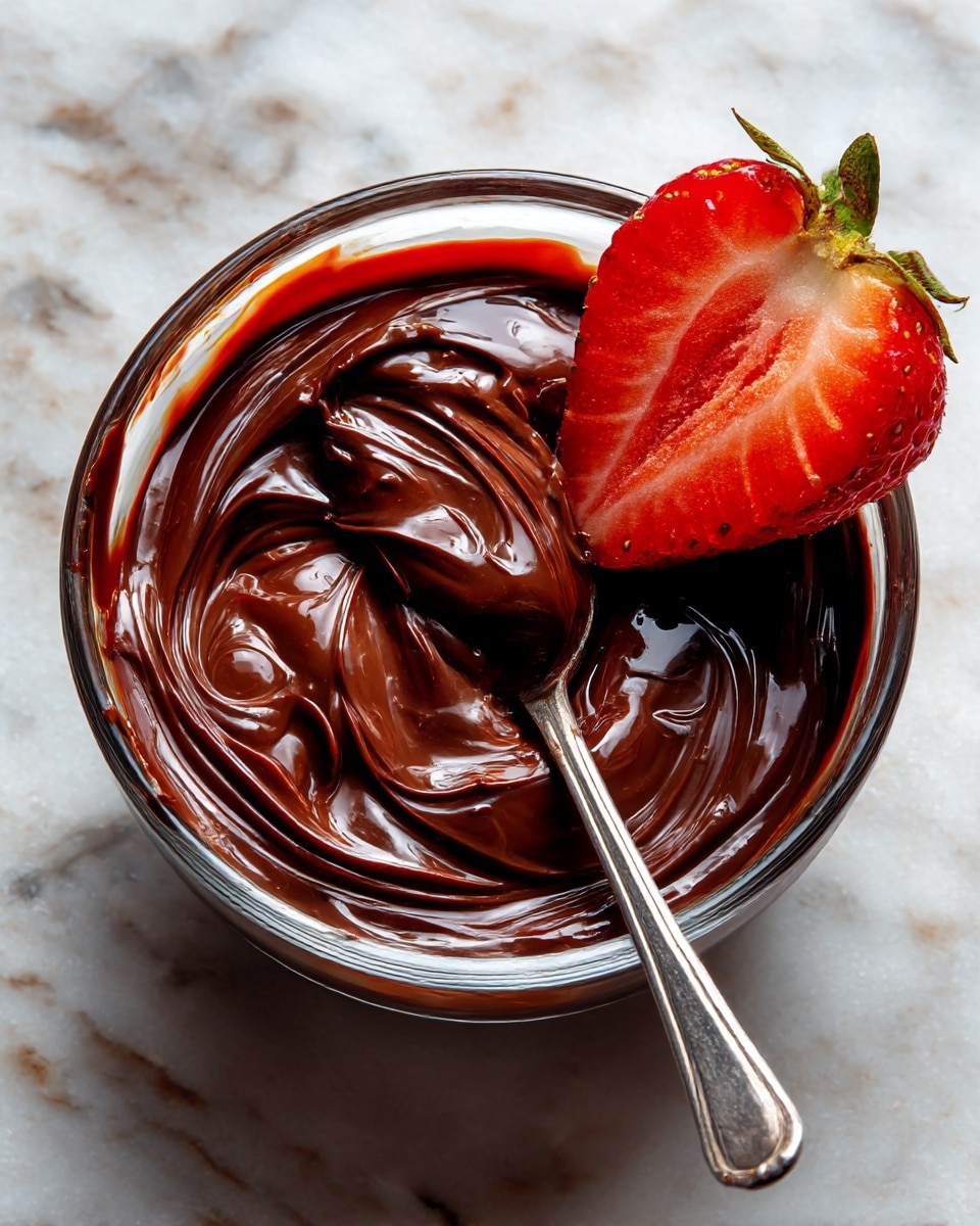 A clear glass bowl sits on a white marbled surface, filled with smooth, melted dark chocolate covering the entire inside with shiny swirling patterns. A single halved strawberry with a bright red exterior and juicy lighter red inside rests partially dipped in the chocolate near the bowl's edge. A metal spoon covered in thick chocolate lies inside the bowl, its handle pointing outward. The chocolate's glossy texture catches light, showing its creamy richness. Photo taken with an iphone --ar 4:5 --v 7