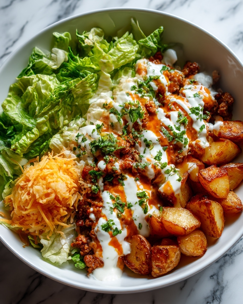The dish is served in a white bowl on a white marbled surface. It has four main layers arranged side by side. On the left, there is a bed of bright green leafy lettuce. Next to it, a layer of shredded orange-yellow cheese sits in a small mound. The center layer is cooked minced meat topped with two sauces drizzled in waves: a creamy white sauce and an orange sauce, sprinkled with small bits of chopped green herbs. On the right, there are golden-brown roasted potato chunks with crispy edges. The whole presentation looks warm and hearty. photo taken with an iphone --ar 4:5 --v 7