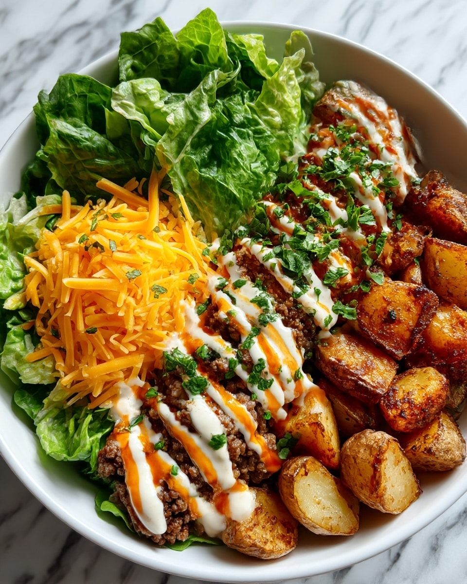 A white bowl filled with four main layers: on the left side, green leafy lettuce providing a fresh, crunchy base; next to it, a mound of bright yellow shredded cheddar cheese; in the center, cooked ground beef covered with two sauces, one creamy white and the other light orange, drizzled in stripes and sprinkled with chopped green herbs; on the right side, golden brown roasted potato chunks with a crispy texture. The bowl sits on a white marbled surface. photo taken with an iphone --ar 4:5 --v 7