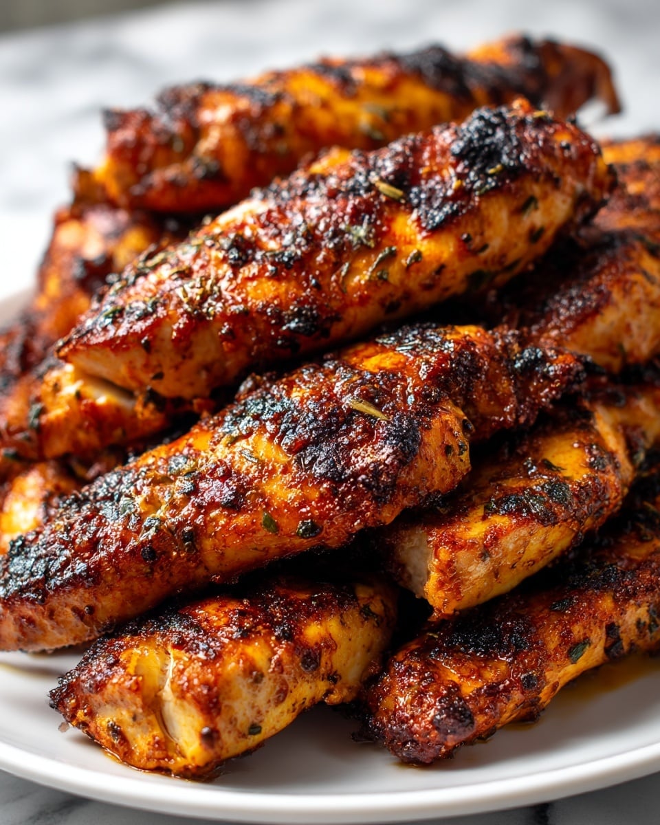 The image shows a close-up of several pieces of grilled chicken tenders stacked on a white plate, placed on a white marbled surface. The chicken pieces have a dark, crispy, and spicy-looking outer layer with a mix of blackened and reddish-brown colors, giving a textured and smoky appearance. Each piece is coated with seasoning, creating a rough, uneven surface with charred spots and slight oil shine, arranged closely together and filling the plate fully. Photo taken with an iphone --ar 4:5 --v 7