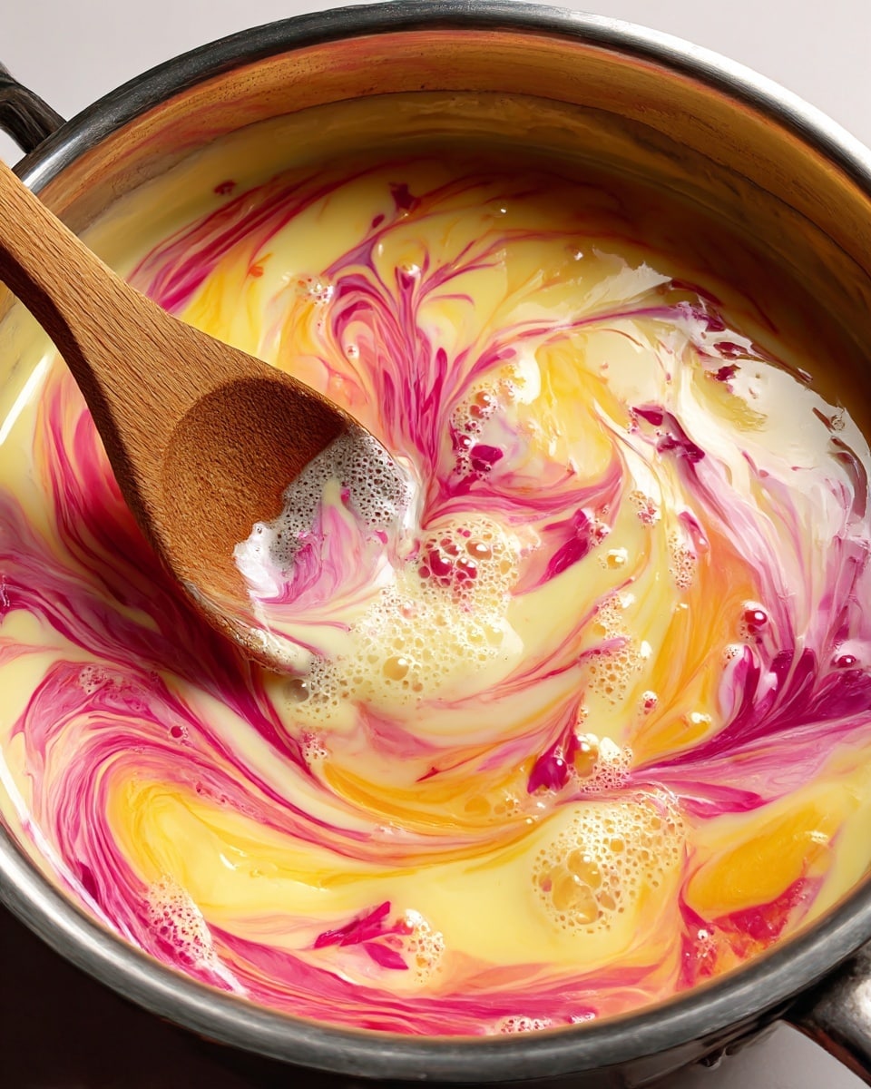 A close-up view of a stainless steel pot with a creamy light yellow mixture inside, showing soft swirls of bright pink and lighter yellow being gently mixed with a wooden spoon. The texture is smooth and liquid, with the colors blending softly together in flowing patterns. The light reflects softly on the surface, highlighting the creamy and slightly frothy texture as the spoon moves through the mixture. Photo taken with an iphone --ar 4:5 --v 7