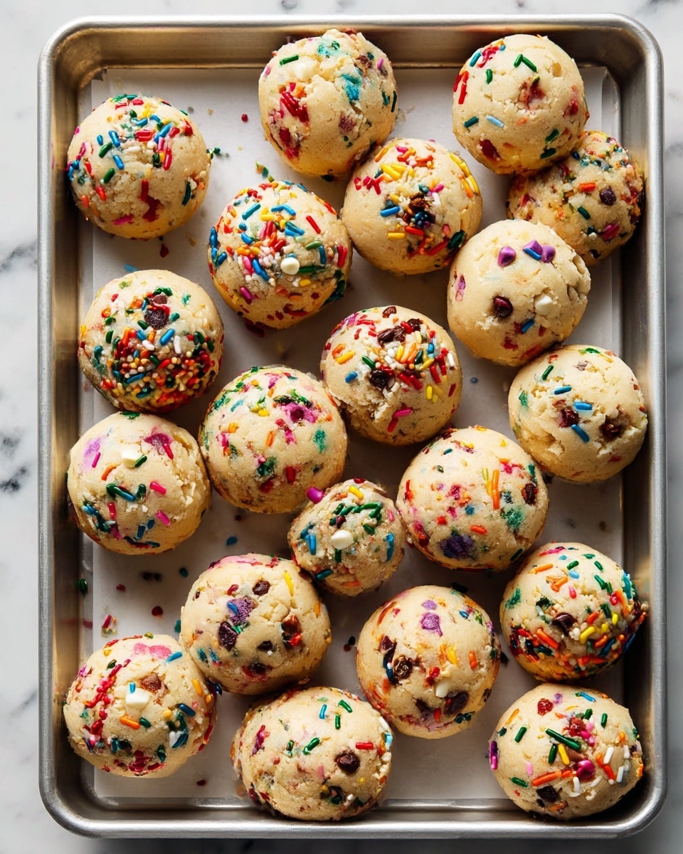 A close-up top view of a metal baking tray filled with round cookie dough balls, each shaped into a dome. The dough is light beige and speckled with colorful sprinkles in red, blue, yellow, purple, green, and orange, along with small dark chocolate chips and white chunks embedded throughout. The dough balls are packed closely together in a grid pattern, showing a rough, slightly crumbly texture on the surface. The tray is resting on a white marbled surface. photo taken with an iphone --ar 4:5 --v 7