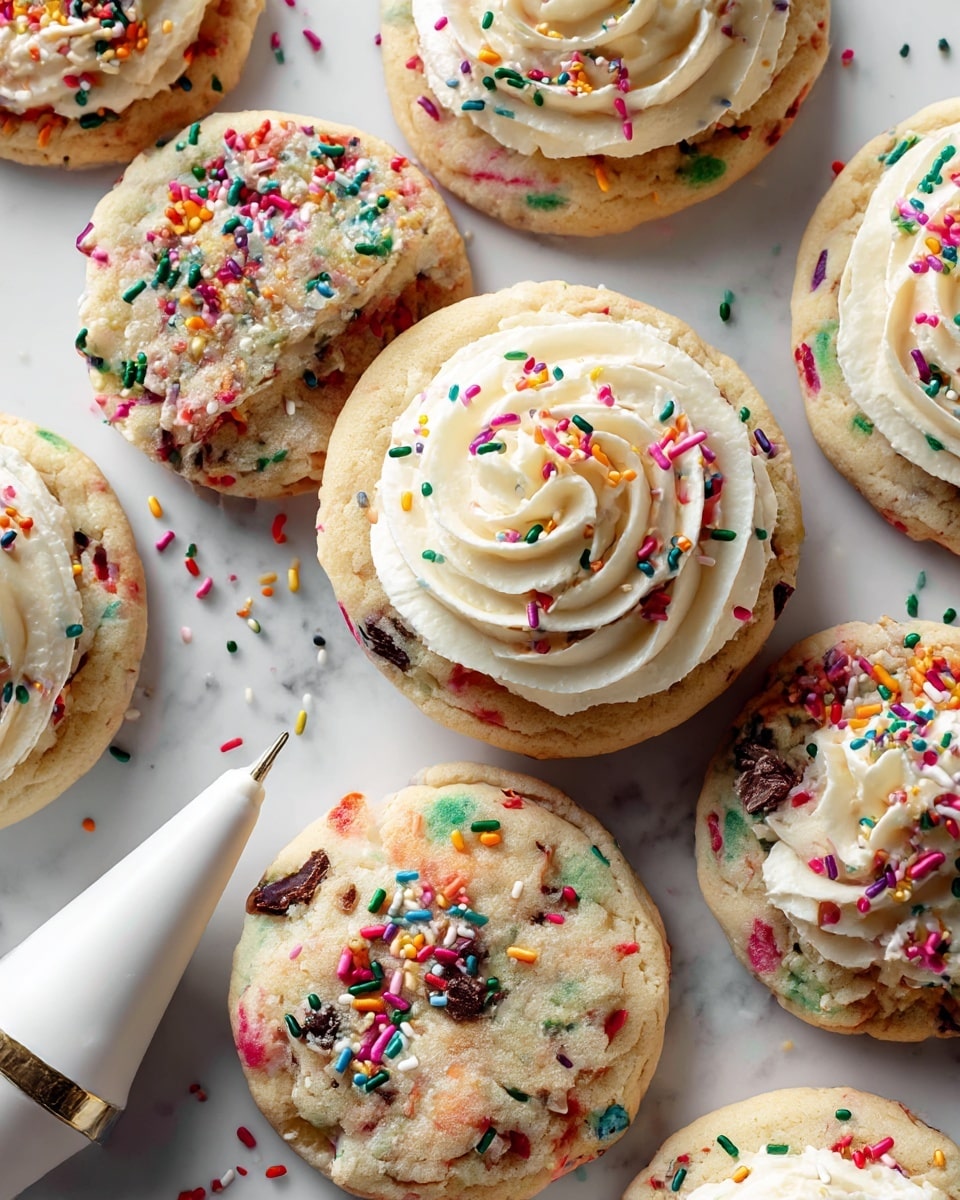 The image shows several round cookies with a light beige base full of colorful sprinkles and small chocolate chunks scattered evenly inside. Two of the cookies have a thick white frosting piped in a spiral pattern on top, forming one visible raised layer over the cookie. The cookies are spread out on a white marbled surface with a white icing piping bag positioned near the bottom left corner. The overall look is playful and bright due to the multicolored sprinkles on soft textured cookies. Photo taken with an iphone --ar 4:5 --v 7