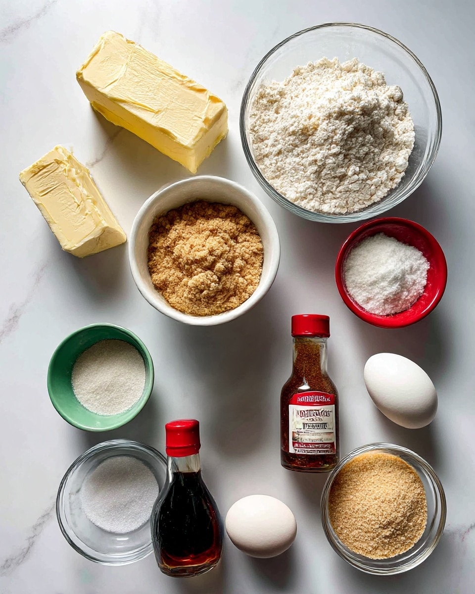 A top view of multiple baking ingredients arranged on a white marbled surface: a stick of butter with a pale yellow color on the top left; a clear glass bowl with white flour at the top right; below the butter, a white bowl filled with light brown graham cracker crumbs; next to it on the right, a small red bowl with white cornstarch; below the cornstarch, a small green bowl of white baking soda/powder; to the right, a bottle of brown cinnamon spice with a red cap; below the butter and bowls, a black bottle of vanilla extract, a white egg, a small clear bowl of white salt, and a glass bowl filled with light brown sugar at the bottom right. Each ingredient is labeled clearly in black text on white boxes. Photo taken with an iphone --ar 4:5 --v 7