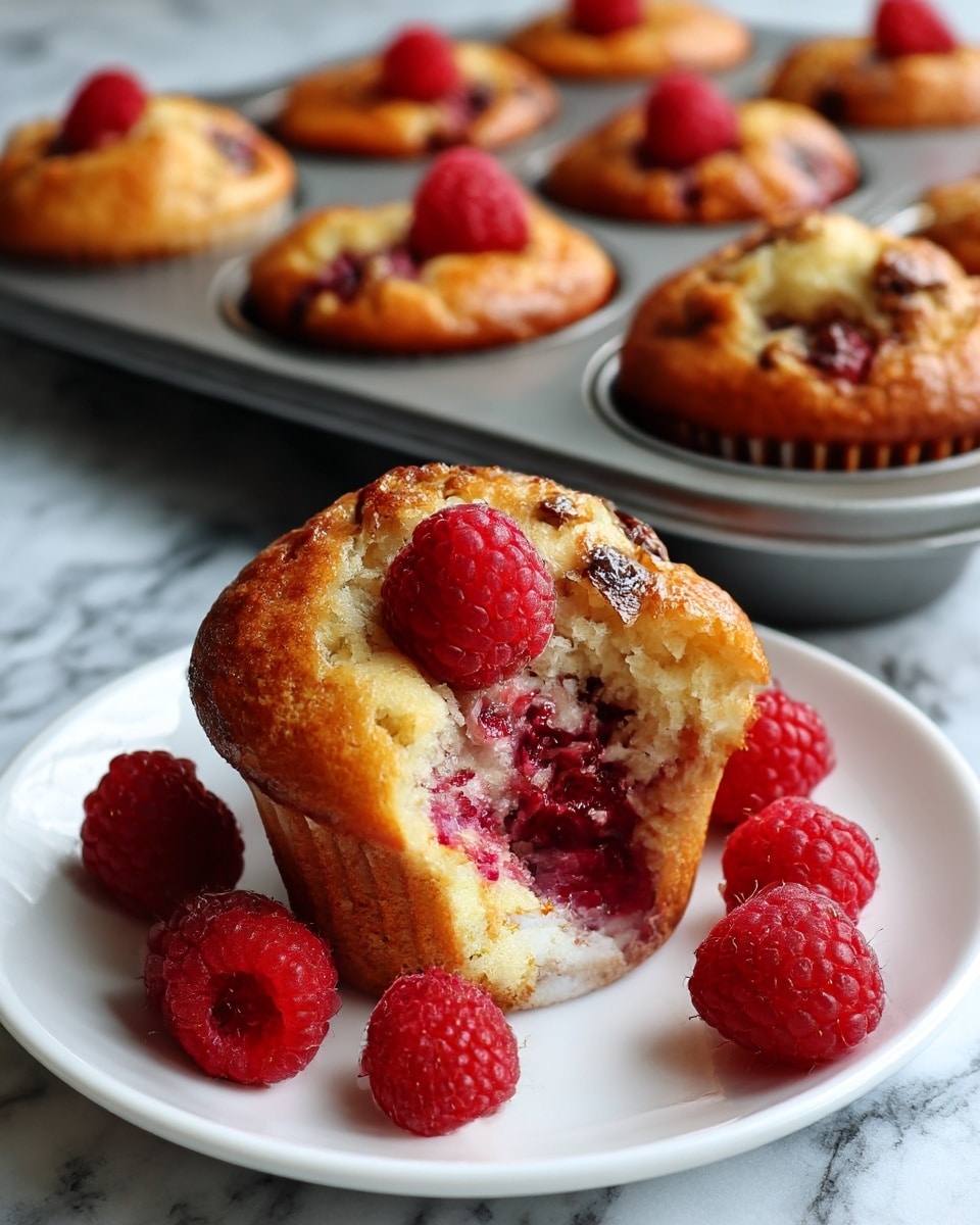 A golden-brown muffin with a slightly cracked top showing bits of chocolate mixed inside and a bright red raspberry placed in the center of the top layer. The muffin rests on a white plate with three fresh raspberries placed around it. In the background, there is a metal muffin tray with more muffins, each topped with a single raspberry. The whole scene is set against a white marbled surface. photo taken with an iphone --ar 4:5 --v 7