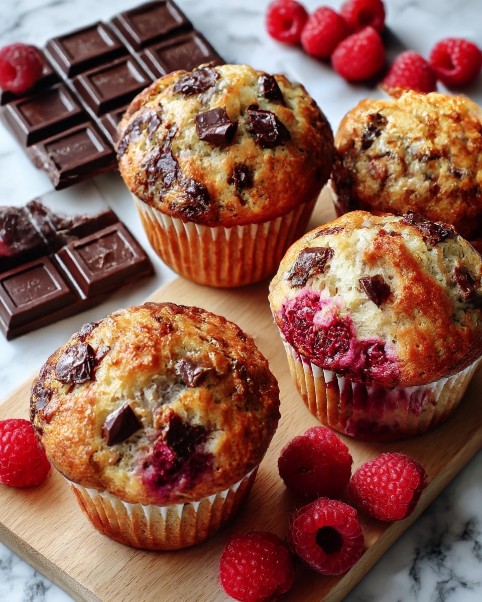 Four muffins with a golden-brown top layer speckled with melted dark chocolate chunks and whole red raspberries sit on a small wooden board. Behind them on a white marbled surface lies a bar of dark chocolate broken into pieces, with a few raspberries scattered around. The muffins show a soft, slightly textured light beige base with visible raspberry bits inside. photo taken with an iphone --ar 4:5 --v 7