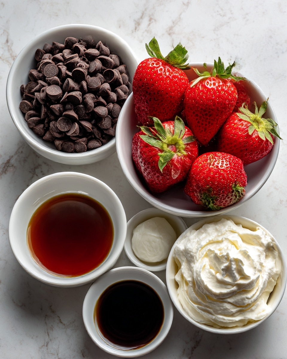 The image shows five white bowls arranged on a white marbled surface. The top left bowl is full of small dark brown chocolate chips, dense and smooth. In the center is a white bowl with nine bright red strawberries with green leafy tops, fresh and shiny. At the top right, a small white bowl holds a small dollop of white solid fat. The bottom left bowl has a small amount of dark brown liquid, glossy and smooth. The bottom right bowl contains a fluffy mound of white whipped cream with soft waves and peaks. Photo taken with an iphone --ar 4:5 --v 7