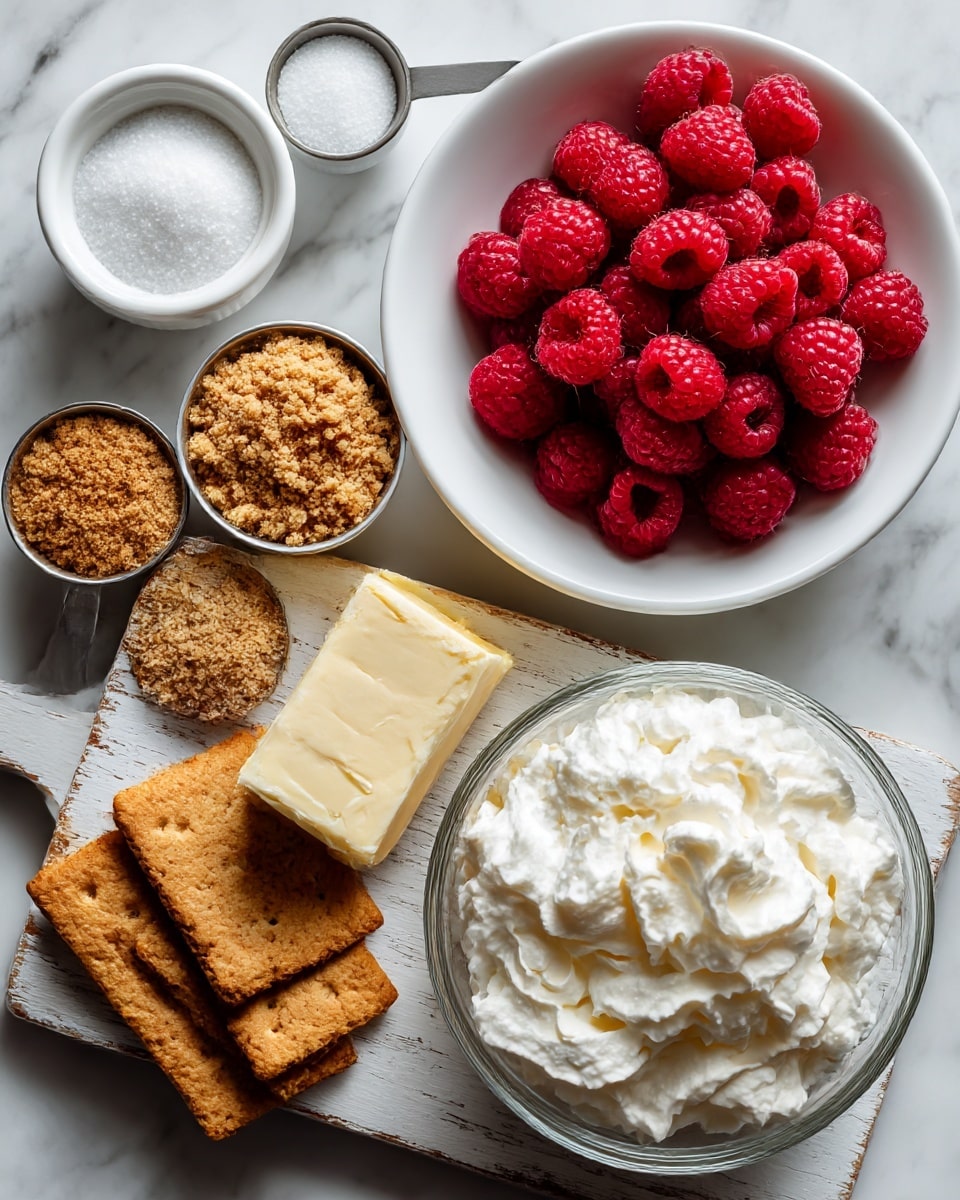 A top-down view of different ingredients placed on a white marbled surface, including a white bowl full of bright red raspberries positioned near the top right, a small measuring cup with white sugar near the top left, two small measuring cups with light brown and darker brown graham cracker crumbs in the middle right, a white plate with a block of cream cheese in the middle left, a clear glass bowl filled with fluffy white whipped topping at the bottom right, and two whole graham crackers arranged side by side at the bottom left, with a rustic white wooden board partially underneath. Photo taken with an iphone --ar 4:5 --v 7