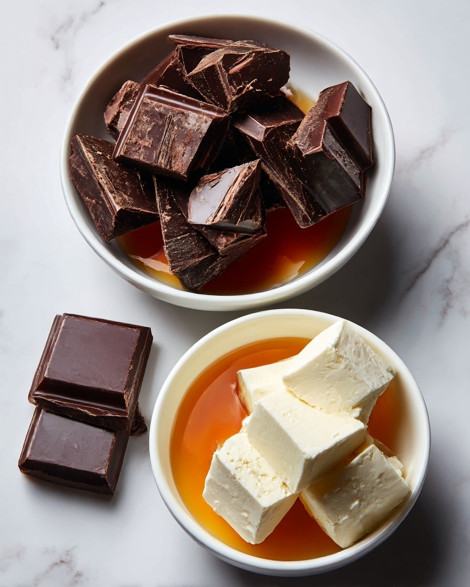 The image shows three white bowls on a white marbled surface. The top left bowl contains many pieces of dark chocolate, broken into uneven shapes with a rough texture, dark brown in color. The middle right bowl holds a single layer of smooth maple syrup, amber orange in color and shiny. The bottom bowl is filled with blocks of silken tofu, creamy white with a soft, smooth texture, piled slightly unevenly. Each bowl is simple and round, placed separately with space between them, creating a clean and organized look photo taken with an iphone --ar 4:5 --v 7