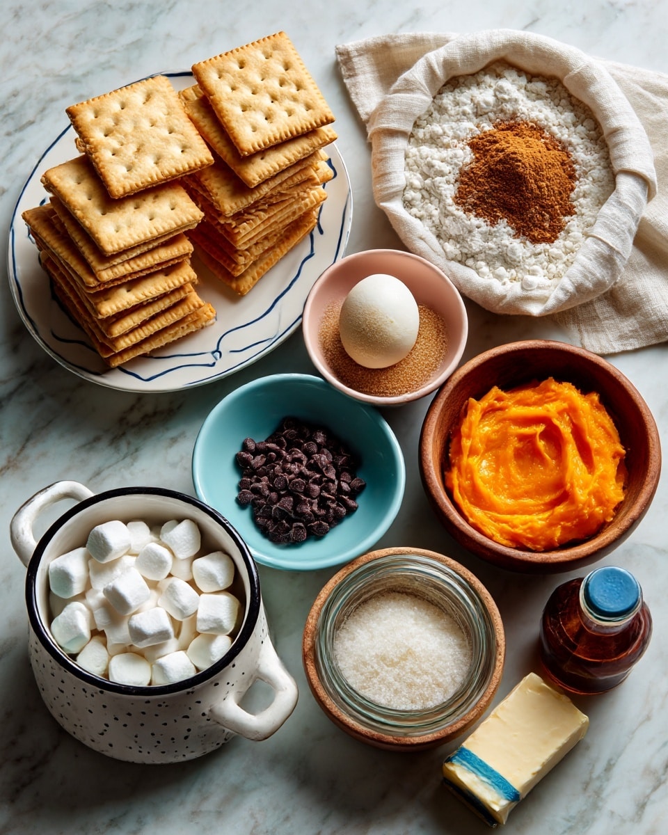 The image shows multiple baking ingredients arranged on a white marbled surface. On the top left, there are light tan square crackers stacked in two piles, one with larger and one with smaller pieces. To the right of the crackers is a small white plate with a blue outline holding a pile of brown spice. At the top right, there is a white cloth bag filled with white flour. Below the crackers is a round wooden bowl holding a single white egg. Next to the egg, there is a small light pink bowl filled with brown sugar. To the right of the sugar bowl is a light blue bowl containing bright orange puree. Below the egg, there is a small clear glass jar filled with dark brown chocolate chips. To the right of this jar is a white stick of butter with a paper wrapper. Next to the butter is a white speckled pot filled with granulated white sugar and two black handles. At the bottom left, there is a light blue bowl filled with mini white marshmallows. To the right of the marshmallows is a small wooden bowl with white baking soda or powder. At the bottom right corner, there is a brown glass bottle with a blue cap, likely vanilla extract. Photo taken with an iphone --ar 4:5 --v 7