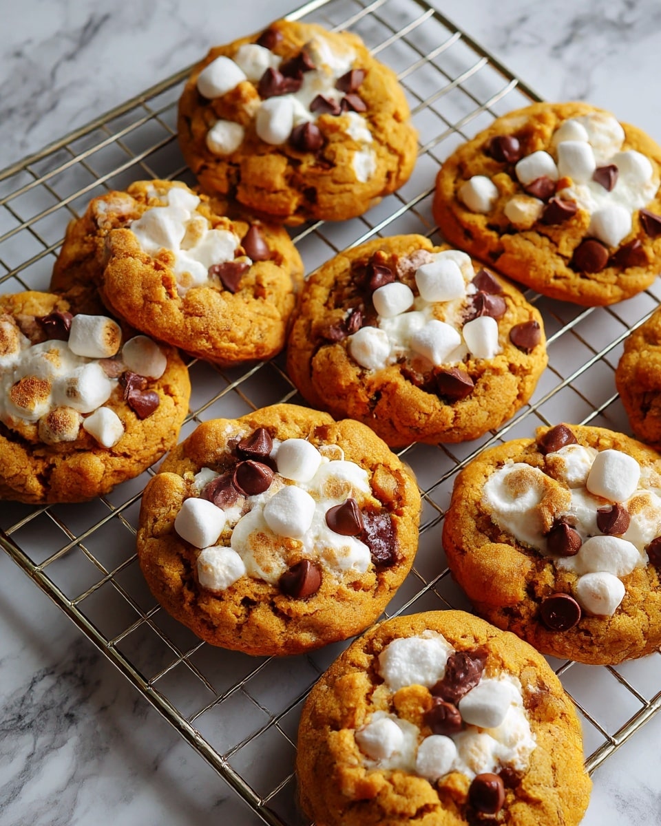 The image shows seven pumpkin-colored cookies with bumpy texture resting on a silver metal cooling rack. Each cookie is topped with melted white marshmallows and scattered dark brown chocolate chips, some slightly melted. The cookies have an uneven, soft surface with golden-brown patches and white spots from the marshmallows. The background is a white marbled texture. Photo taken with an iphone --ar 4:5 --v 7