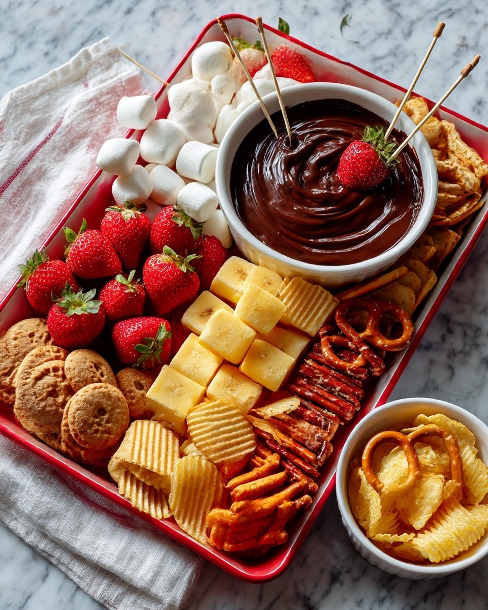 A white rectangular tray with a thin red edge holds a variety of snack items arranged in sections around a small white bowl filled with thick dark brown chocolate sauce positioned near the top center. Starting from the top left, there are white marshmallows with two metal sticks speared through some of them, next to bright red strawberries with green tops. Below the strawberries, there are small round waffle cookies in a light brown color. In the center, yellow sponge cake cubes are stacked next to neatly sliced banana pieces in pale yellow. Towards the bottom, light tan biscotti pieces are arranged, and on the right side, round orange cookies sit next to twisted red licorice pieces and square pretzels with a glossy orange-brown color. A separate smaller white bowl on the bottom right holds crinkle-cut potato chips in a light yellow shade. The tray is placed on a white marbled surface with a white cloth napkin to the side. photo taken with an iphone --ar 4:5 --v 7