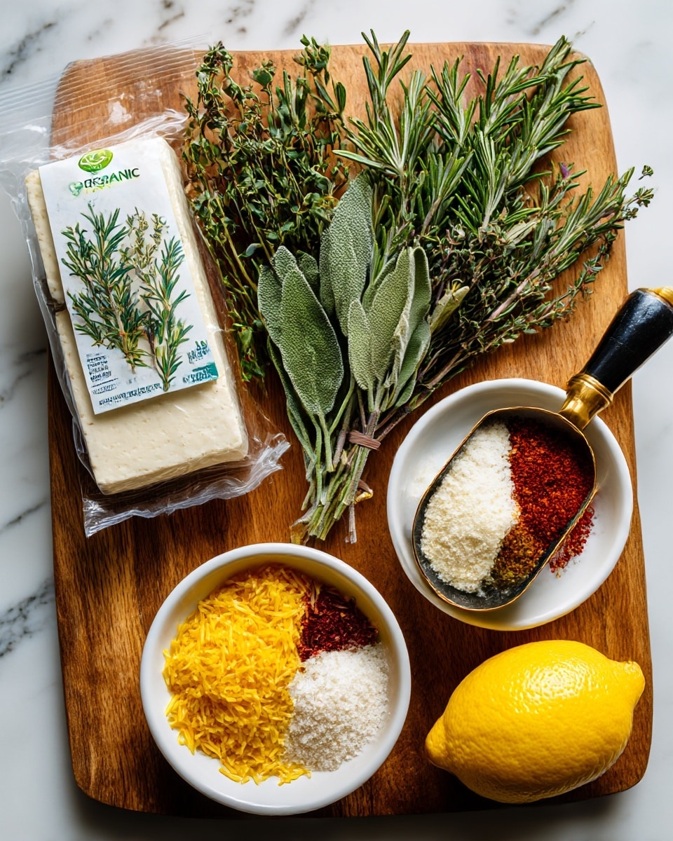 A wooden board with clear, warm brown tones and a natural grain pattern holds several fresh and colorful ingredients arranged neatly in two rows. On the top row, from left to right, there is a sealed package of organic tofu with a white and green label, followed by a small bunch of fresh green herbs including rosemary, sage, and thyme, ending with a gold and black metal scoop filled with fine white powder that looks like flour or bread crumbs. On the bottom row, a white bowl holds bright yellow flakes, next to a white bowl with a mix of white salt, pale yellow powder, and red spice, and a bright yellow lemon is placed between the two bowls. The board is set against a soft white marbled textured background. photo taken with an iphone --ar 4:5 --v 7