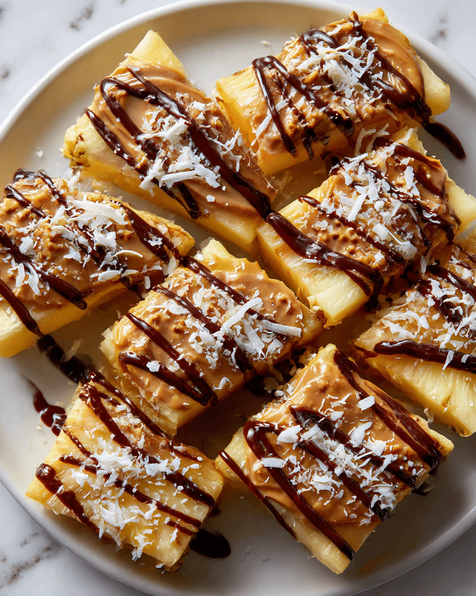 This image shows six pieces of sliced pale yellow pineapple arranged on a white plate with a smooth matte finish. Each slice has a thick dollop of creamy brown peanut butter spread on the top, textured with small bits. Dark brown chocolate sauce is drizzled artistically over the peanut butter and pineapple in thin stripes. The top is sprinkled with white shredded coconut, adding a slightly rough texture. The plate sits on a white marbled surface, adding subtle light gray and beige veins in the background. Photo taken with an iphone --ar 4:5 --v 7
