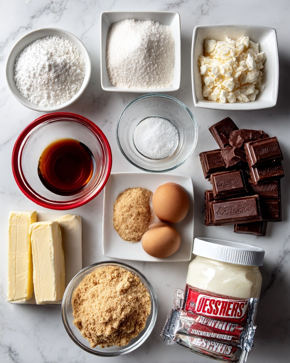 The image shows various baking ingredients arranged neatly on a white marbled surface. At the top left, a small white bowl holds white powdered sugar, next to a white square dish filled with granulated white sugar. Below them, a red round bowl contains white salt. To the left center, a clear glass bowl is filled with white flour. Near the center, a small white dish holds light brown vanilla extract, next to a white square plate with two eggs, one white and one brown, and a mound of light brown sugar. Below that, two sticks of pale yellow butter lie side by side. At the bottom left, a clear bowl is full of light brown graham cracker crumbs. Next to it, a large white jar labeled Jet-Puffed marshmallow creme stands upright. To the right, a clear bowl is filled with semi-sweet dark chocolate chips, and next to it several wrapped Hershey's milk chocolate bars are partially stacked. All the ingredients are clearly labeled with bold black text on white backgrounds. Photo taken with an iphone --ar 4:5 --v 7