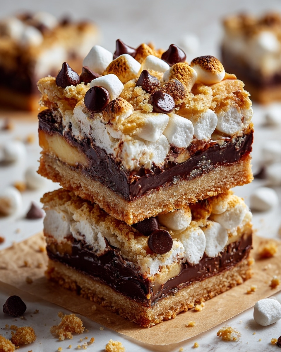 The image shows nine square dessert bars arranged closely together on a white marbled surface. Each bar has three visible layers: a golden-brown crispy cookie-like crust at the bottom, a middle layer filled with melted light brown and dark chocolate pieces, and a top layer dotted with small white marshmallows that are slightly melted and soft in texture. The edges of the bars are slightly darker, giving a baked look. The bars have a rich and chewy appearance with the marshmallows adding a soft contrast on top. Photo taken with an iphone --ar 4:5 --v 7