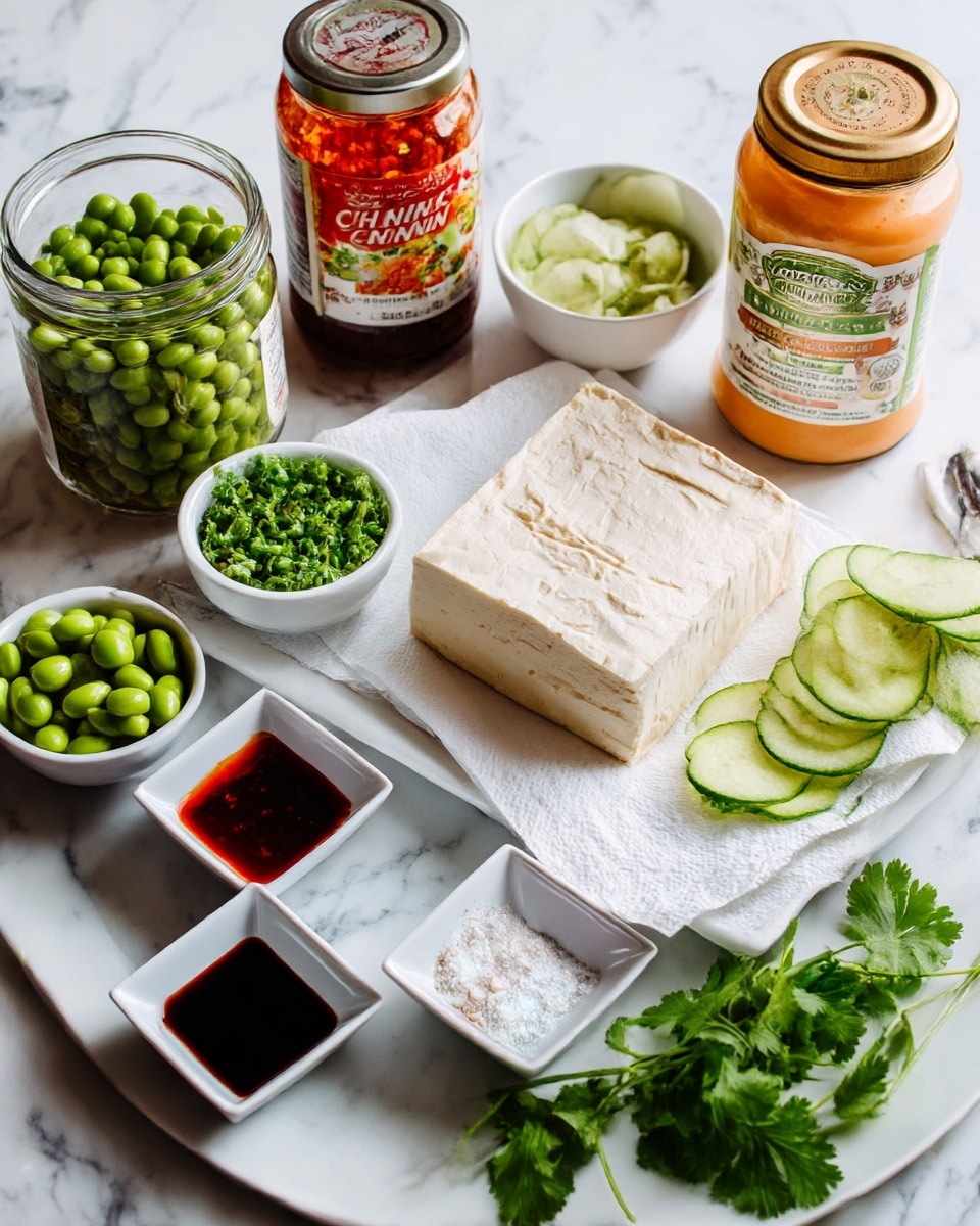 The image shows various ingredients arranged neatly on a white marbled surface. In the center, there is a rectangular block of firm tofu resting on a white paper towel. Around it, there are several small white bowls filled with different items: bright green chopped scallions, light green edamame beans, thinly sliced cucumber rounds with pale green edges, and fresh cilantro leaves on a white plate at the bottom. There are also small white square dishes containing a red chili sauce, a dark soy sauce, and a white powdery ingredient, likely cornstarch. Two jars are visible, one labeled