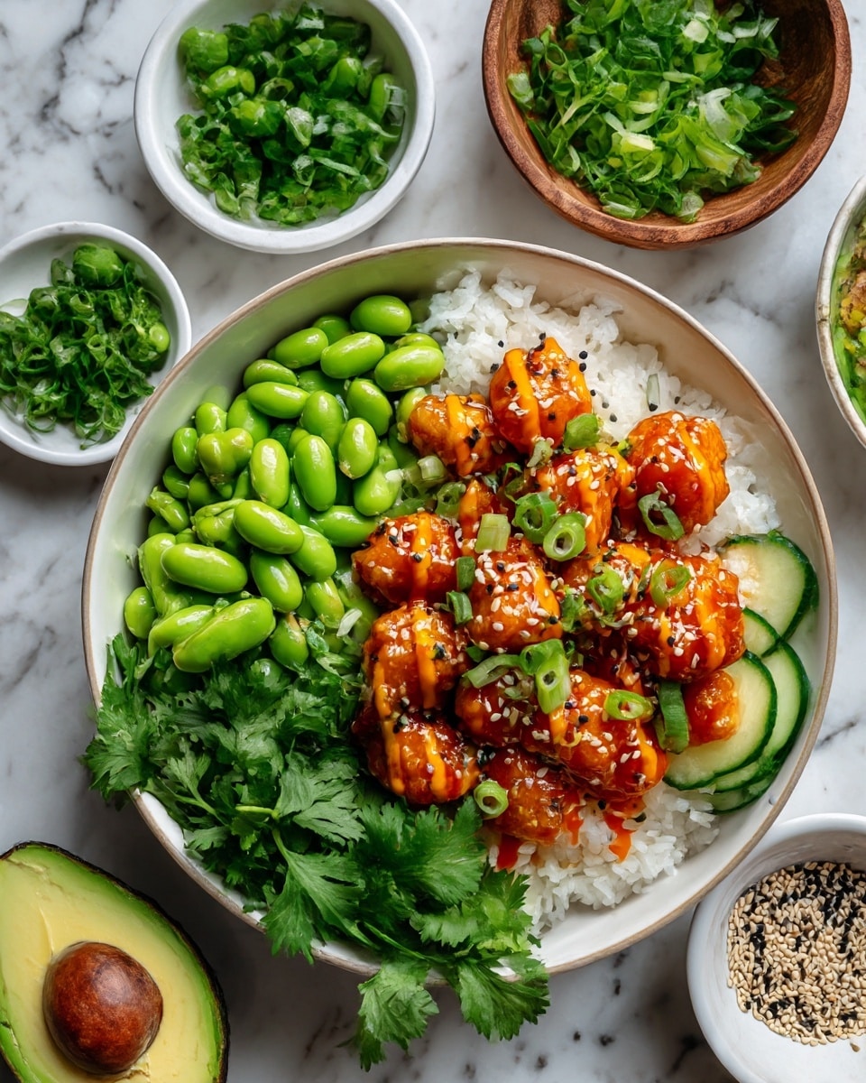 The image shows a white bowl layered with white rice at the bottom. On top of the rice, there are small golden-brown glazed chicken pieces covered with a drizzle of orange sauce and sprinkled with white and black sesame seeds, scattered green onion rings add color over the chicken. To the left side inside the bowl, there is a layer of bright green edamame beans and on the right side, there are thinly sliced cucumber rounds dressed with the same orange sauce. The front bottom part of the bowl has fresh green cilantro leaves. The bowl sits on a white marbled surface, and nearby are small white and wooden bowls containing chopped green onions and sesame seeds. A halved avocado is placed at the front left corner. Photo taken with an iphone --ar 4:5 --v 7