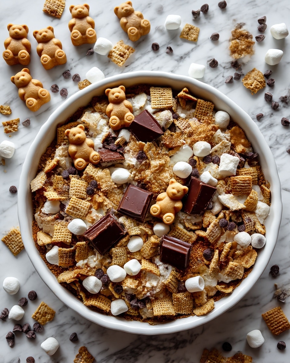 A round white tart pan filled with a snack mix that has several layers: light brown teddy bear-shaped cookies scattered on top, dark brown rectangular Hershey's chocolate pieces placed among the mix, and light brown, square, powder-covered cereal pieces forming the bulk of the layer. There are also small white marshmallows and dark brown chocolate chips mixed throughout. The background surface is white marbled texture, and some pieces of the snack mix and chocolate chips are scattered around the pan. photo taken with an iphone --ar 4:5 --v 7