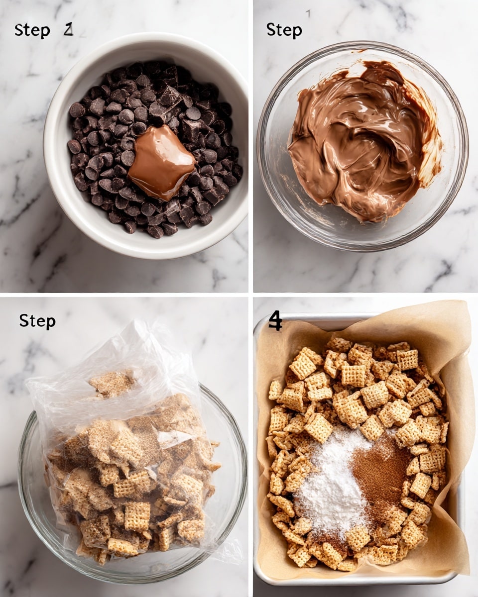 The image shows four numbered steps of making a sweet snack, all placed on a white marbled surface. Step 1 features a white bowl filled with dark chocolate chips with a shiny, smooth dollop of creamy milk chocolate sitting in the middle on top. Step 2 shows a close-up of a clear glass bowl with the chocolate chips mixed and coated evenly in a thick, matte chocolate cream, with small square cereal pieces covered in the mixture. Step 3 has a close-up of a transparent plastic bag containing light brown, fine graham cracker crumbs and white powdered sugar, both clearly separated inside. Step 4 displays a large white pan lined with pale brown parchment paper, filled with many small pieces of cereal coated thickly in the sweet powder, lightly dusted with cinnamon or sugar. Photo taken with an iphone --ar 4:5 --v 7