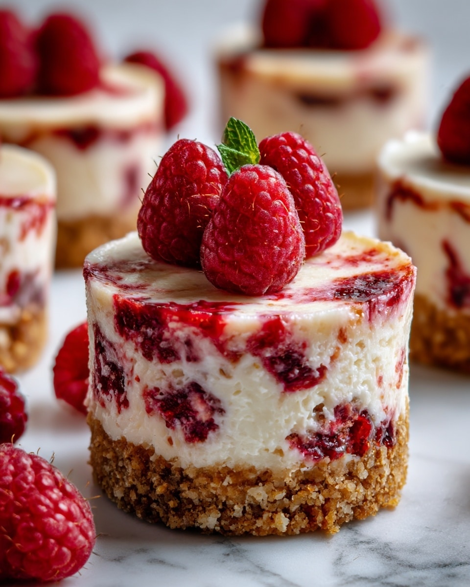 A small dessert with three main visible layers sits on a white marbled surface. The bottom layer is crumbly and light brown, looking like crushed cookies. The middle layer is thick, smooth, and creamy white with red berry pieces mixed inside. The top layer is white and smooth, decorated with a swirl of red sauce and topped with three bright red raspberries and a small green mint leaf in the center. The edges of the top creamy layer are slightly uneven, giving it a natural look. Photo taken with an iphone --ar 4:5 --v 7