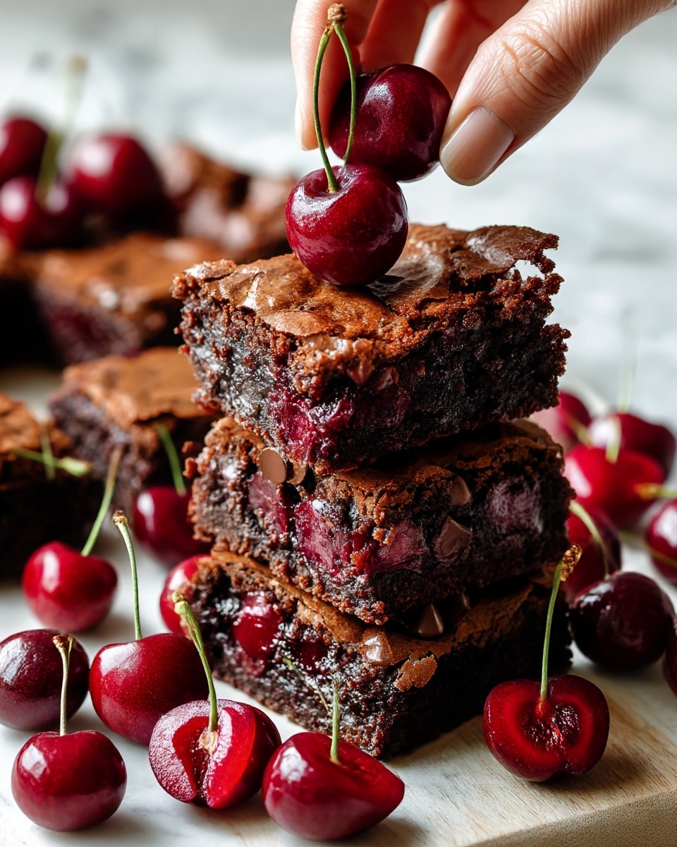 A close-up view of three stacked rich dark brown brownies with a moist texture, studded with chocolate chips visible inside. On top of the stack are shiny deep red cherries, some cut in half showing their juicy interior. A woman's hand is gently holding a whole cherry above the brownies. Around the stack, more whole cherries are spread out on a light wooden surface, all placed on a white marbled background. Photo taken with an iphone --ar 4:5 --v 7