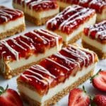 Philadelphia Cheesecake Bars with Strawberry Sauce and White Chocolate Drizzle Recipe