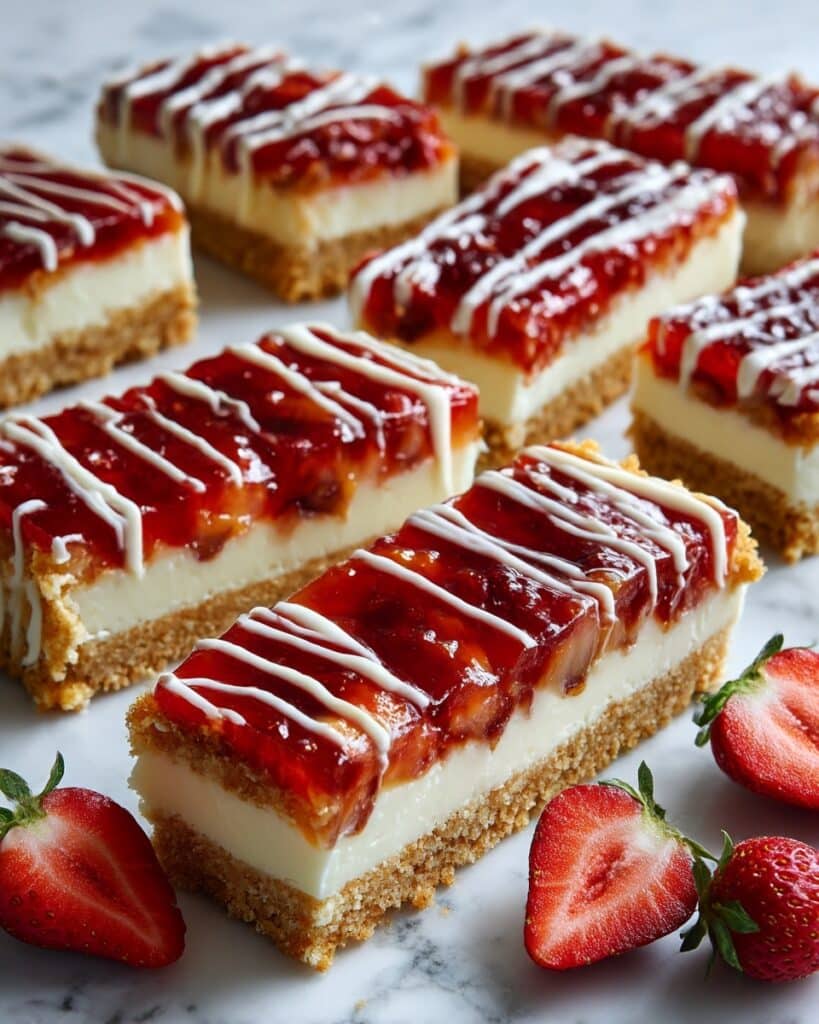 Philadelphia Cheesecake Bars with Strawberry Sauce and White Chocolate Drizzle Recipe
