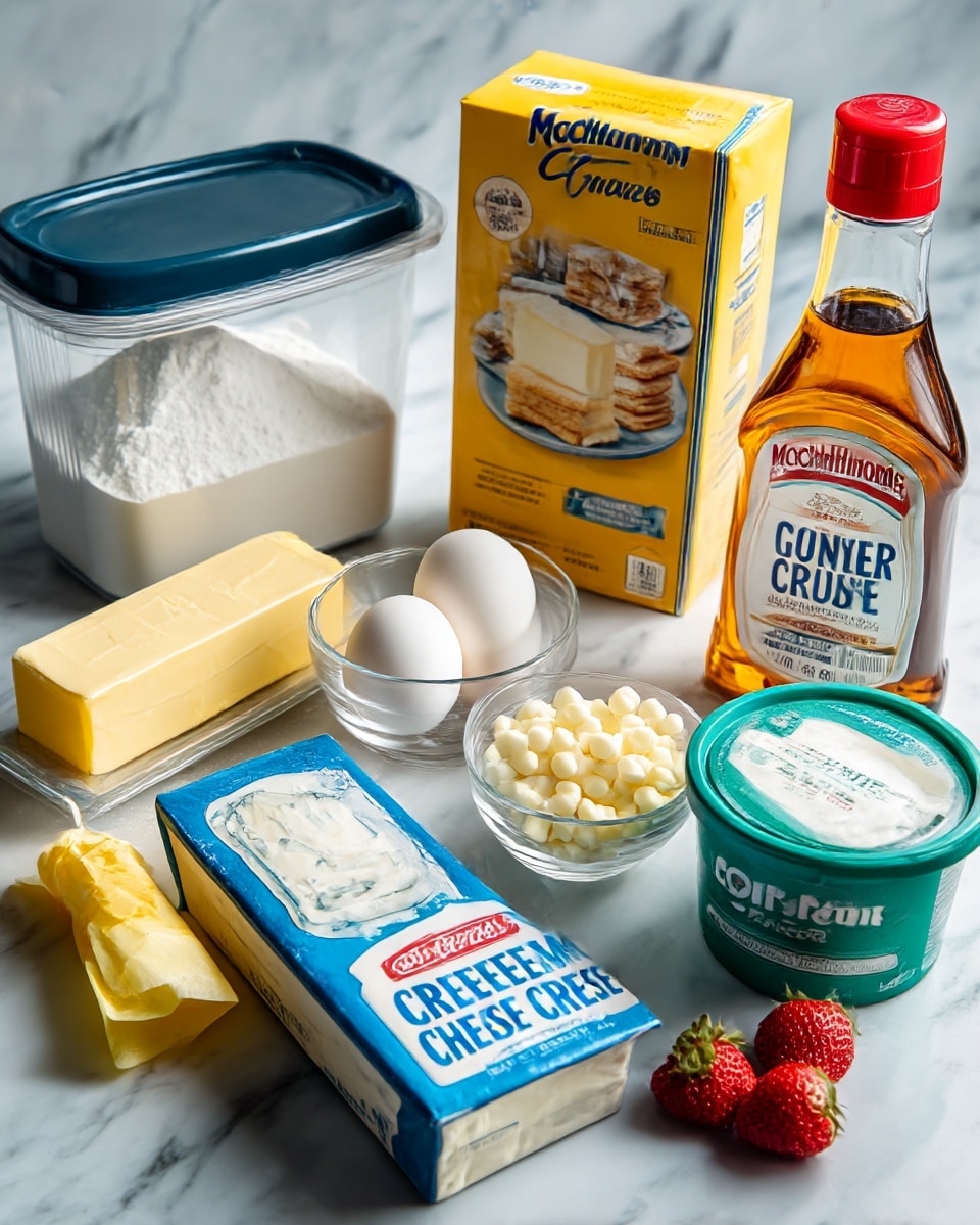 The image shows a group of baking ingredients placed on a white marbled surface with a light gray marbled background. There is a rectangular clear container filled with white sugar and a dark blue lid on the left side. In front of the container, there is a stick of butter wrapped in yellow paper. Next to it, a small clear bowl holds two white eggs. Behind the eggs, there is a yellow box of Keebler Graham Cracker Crumbs with blue and white text and a picture of desserts on it. To the right, a blue and white package of Philadelphia cream cheese is placed in front of a small clear bowl filled with white chocolate chips. A bottle of McCormick pure vanilla extract with a red cap stands next to these. On the far right, a green and white container of corn starch and a white container of sour cream are visible. In front of the sour cream, a small clear bowl contains a few bright red strawberries. photo taken with an iphone --ar 4:5 --v 7