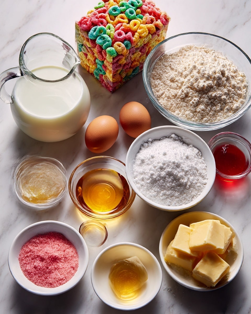 A white marble surface holds an arrangement of baking ingredients for a colorful recipe. At the back, a colorful box of Froot Loops cereal stands tall. To its left, a clear glass pitcher filled with milk and a glass bowl of flour sit close beside two brown eggs lying on the surface. In front, a white bowl full of white sugar shares space with smaller white bowls containing golden syrup, clear vanilla extract, a reddish liquid, and pink powder. On the right side, a few square pieces of pale yellow butter rest near a white bowl holding a smaller amount of flour. Everything is neatly spread out and clearly visible. Photo taken with an iphone --ar 4:5 --v 7