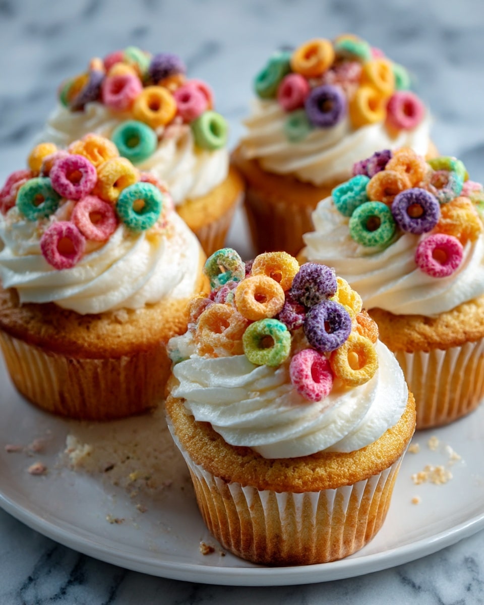 The image shows a group of vanilla cupcakes with two layers. The bottom layer is a light tan vanilla cupcake with soft texture visible through the wrapper. The top layer is a thick swirl of white creamy frosting that looks smooth and fluffy. On top of each cupcake, there is a colorful pile of round, ring-shaped cereal pieces in bright colors like pink, yellow, green, purple, blue, and orange. The cupcakes rest on a white plate with a shiny finish, placed on a surface with white marbled texture. Photo taken with an iphone --ar 4:5 --v 7