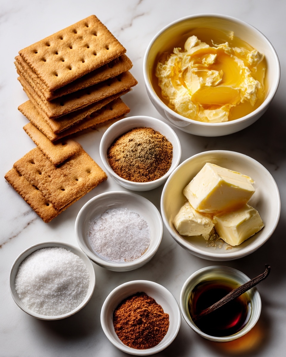 The image shows a flat stack of light brown graham crackers on the left side, next to small white bowls filled with different ingredients. In the top right corner is a bowl with melted golden yellow butter. Below the crackers is a small bowl of fine cinnamon powder in a deep brown color. There are two bowls filled with white sugar and salt visible at the bottom, and a smaller bowl with dark vanilla extract near the center. All items are placed on a white marbled surface. photo taken with an iphone --ar 4:5 --v 7