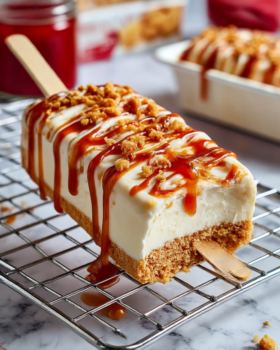 A close-up view of a white chocolate-coated rectangular bar with a visible bite taken from one corner, showing a crumbly light brown inner filling. The bar is topped with a drizzle of milk chocolate and sprinkled with small brown crumbs, resting on a metal wire rack over a white marbled surface. In the background, another similar bar is partially visible along with a blurred container on the left side. Photo taken with an iphone --ar 4:5 --v 7